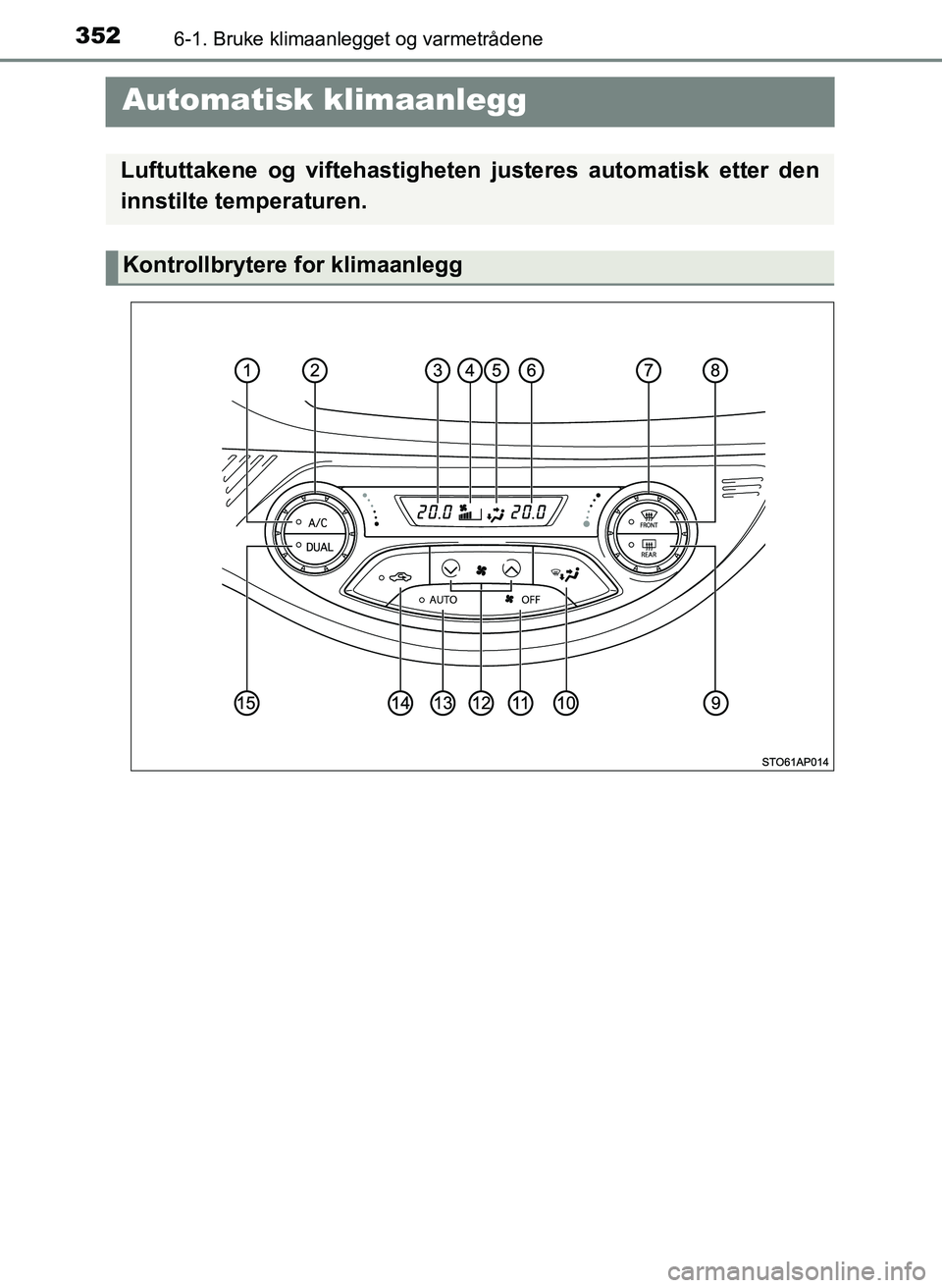 TOYOTA YARIS 2018  Instruksjoner for bruk (in Norwegian) 3526-1. Bruke klimaanlegget og varmetrådene
YARIS_HV_OM_Europe_OM52J66NO
 Automatisk klimaanlegg
Luftuttakene og viftehastigheten  justeres automatisk etter den
innstilte temperaturen.
Kontrollbryter