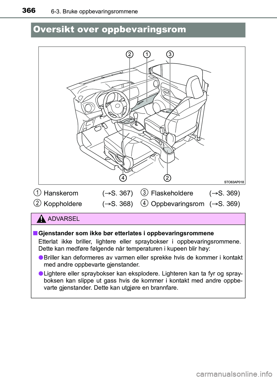 TOYOTA YARIS 2018  Instruksjoner for bruk (in Norwegian) 3666-3. Bruke oppbevaringsrommene
YARIS_HV_OM_Europe_OM52J66NO
Oversikt over oppbevaringsrom
Hanskerom  (S. 367)
Koppholdere ( S. 368) Flaskeholdere (
S. 369)
Oppbevaringsrom ( S. 369)
ADV