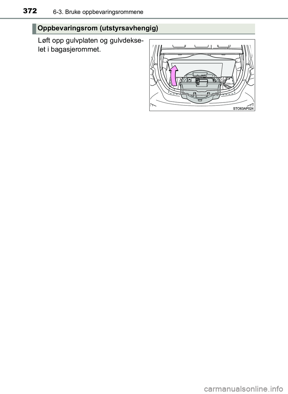 TOYOTA YARIS 2018  Instruksjoner for bruk (in Norwegian) 3726-3. Bruke oppbevaringsrommene
YARIS_HV_OM_Europe_OM52J66NO
Løft opp gulvplaten og gulvdekse-
let i bagasjerommet.
Oppbevaringsrom (utstyrsavhengig)
OM52J66NO.book  Page 372  Friday, December 15, 