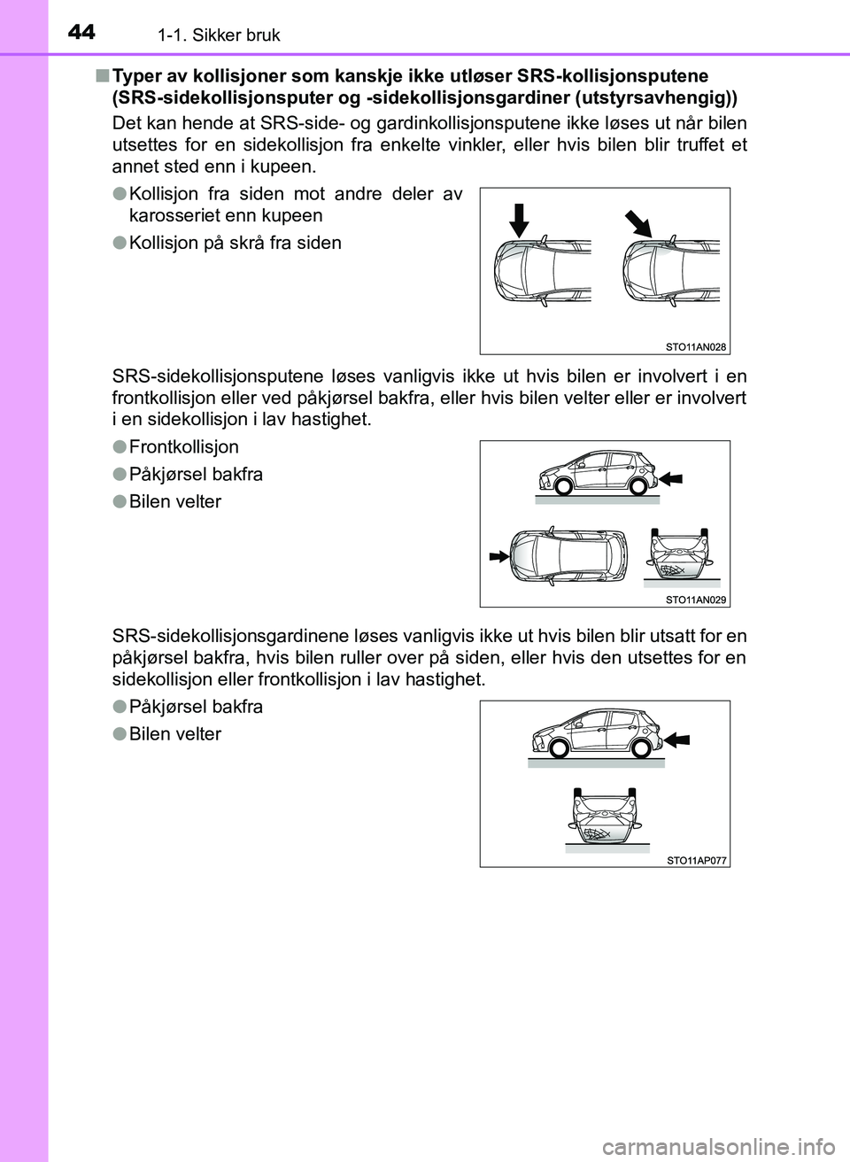 TOYOTA YARIS 2018  Instruksjoner for bruk (in Norwegian) 441-1. Sikker bruk
YARIS_HV_OM_Europe_OM52J66NOn
Typer av kollisjoner som kanskje ikke utløser SRS-kollisjonsputene 
(SRS-sidekollisjonspute r og -sidekollisjonsgardiner (utstyrsavhengig))
Det kan he