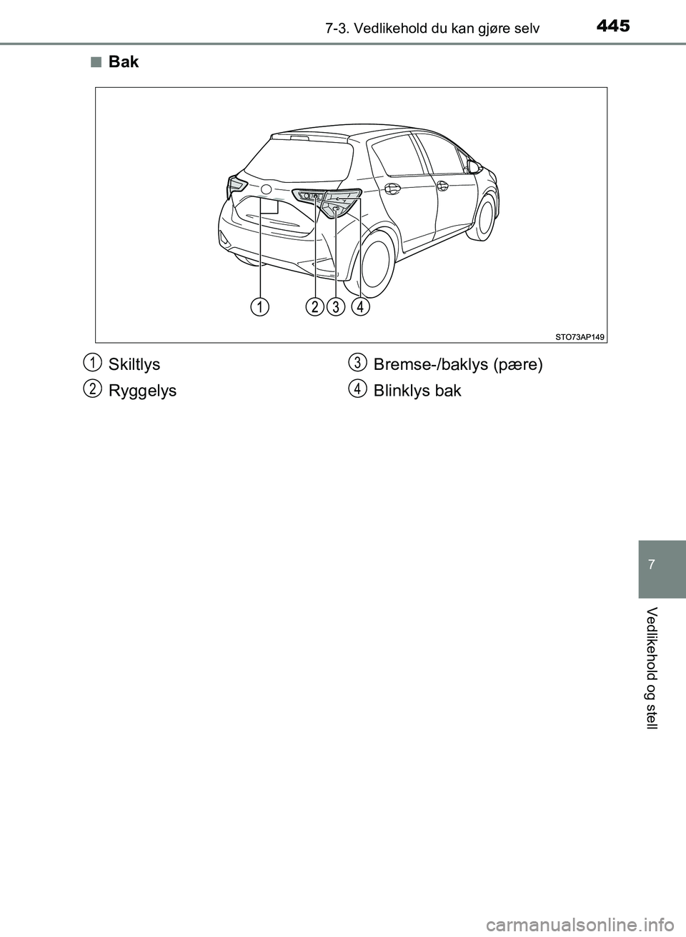 TOYOTA YARIS 2018  Instruksjoner for bruk (in Norwegian) 4457-3. Vedlikehold du kan gjøre selv
7
Vedlikehold og stell
YARIS_HV_OM_Europe_OM52J66NOn
Bak
Skiltlys
Ryggelys
Bremse-/baklys (pære)
Blinklys bak1
2
3
4
OM52J66NO.book  Page 445  Friday, December 
