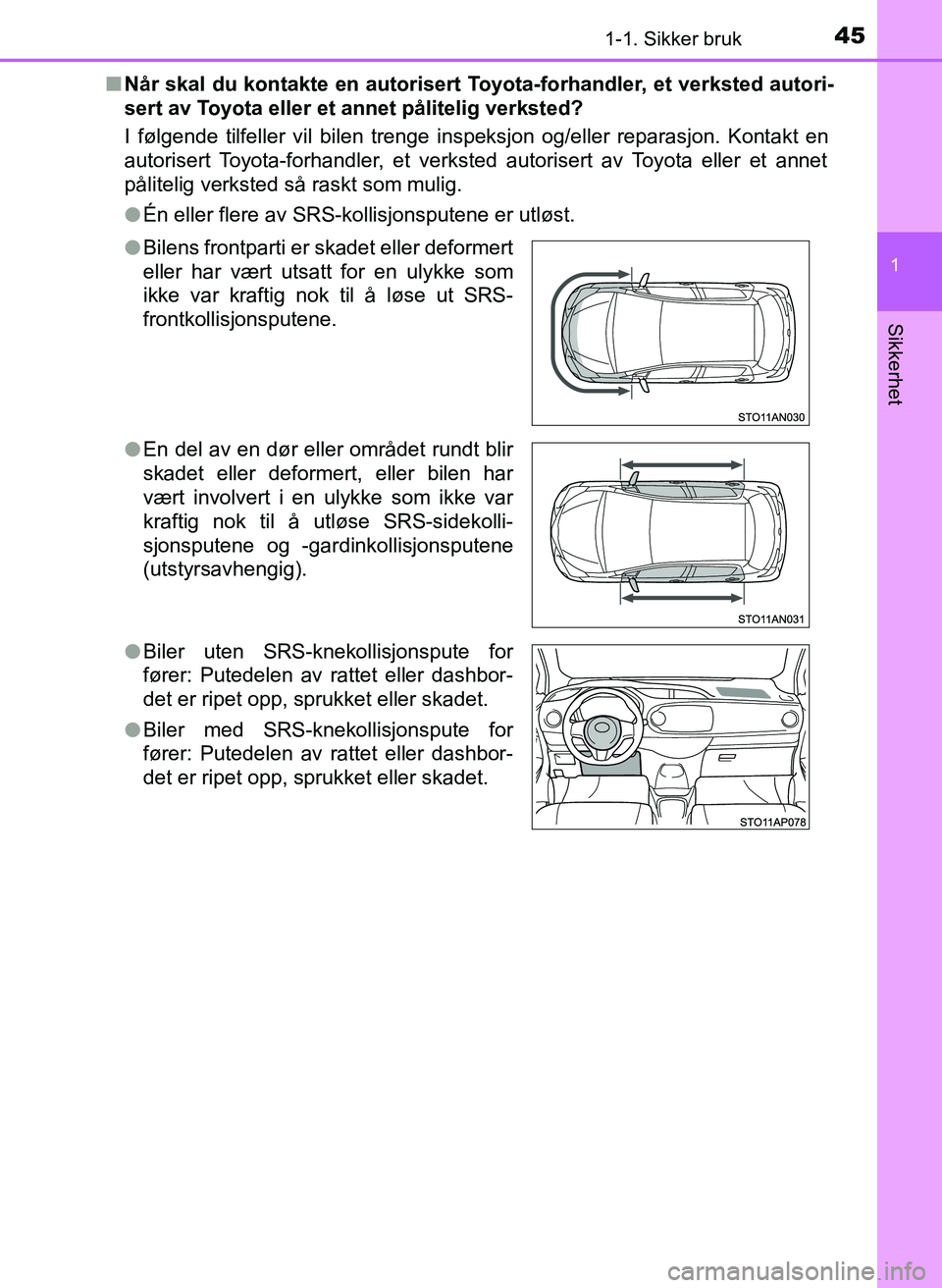 TOYOTA YARIS 2018  Instruksjoner for bruk (in Norwegian) 451-1. Sikker bruk
1
Sikkerhet
YARIS_HV_OM_Europe_OM52J66NOn
Når skal du kontakte en autorisert Toyota-forhandler, et verksted autori-
sert av Toyota eller et annet pålitelig verksted?
I følgende t