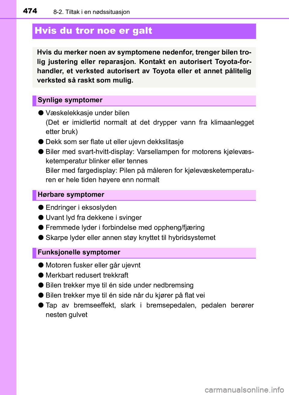 TOYOTA YARIS 2018 Instruksjoner for bruk (in Norwegian) 4748-2. Tiltak i en nødssituasjon
YARIS_HV_OM_Europe_OM52J66NO
Hvis du tror noe er galt
lVæskelekkasje under bilen
(Det er imidlertid normalt at det drypper vann fra klimaanlegget
etter bruk)
l Dek TOYOTA YARIS 2018 Instruksjoner for bruk (in Norwegian) 4748-2. Tiltak i en nødssituasjon
YARIS_HV_OM_Europe_OM52J66NO
Hvis du tror noe er galt
lVæskelekkasje under bilen
(Det er imidlertid normalt at det drypper vann fra klimaanlegget
etter bruk)
l Dek