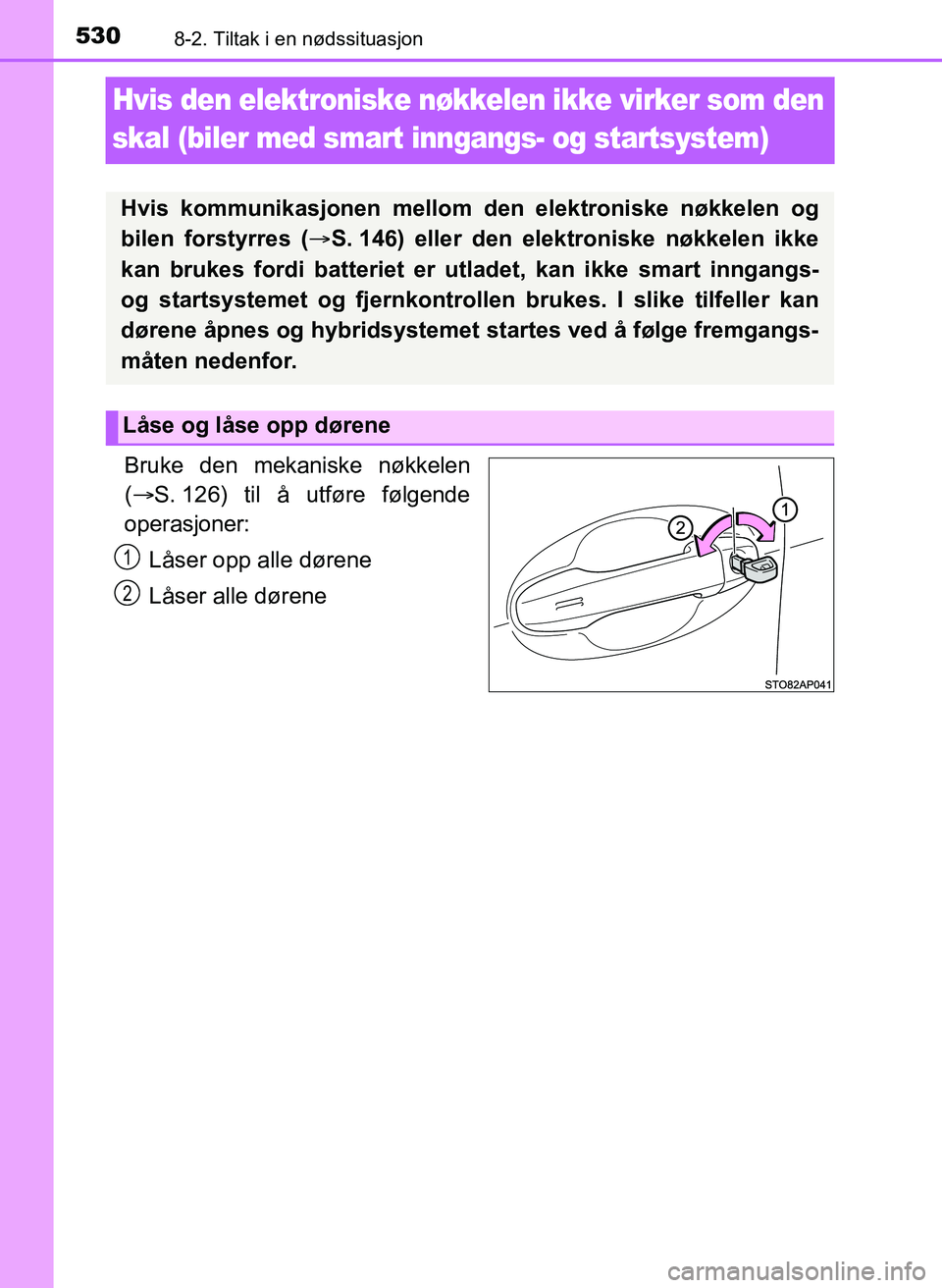 TOYOTA YARIS 2018  Instruksjoner for bruk (in Norwegian) 5308-2. Tiltak i en nødssituasjon
YARIS_HV_OM_Europe_OM52J66NO
Hvis den elektroniske nøkkelen ikke virker som den 
skal (biler med smart inngangs- og startsystem)
Bruke den mekaniske nøkkelen
( 