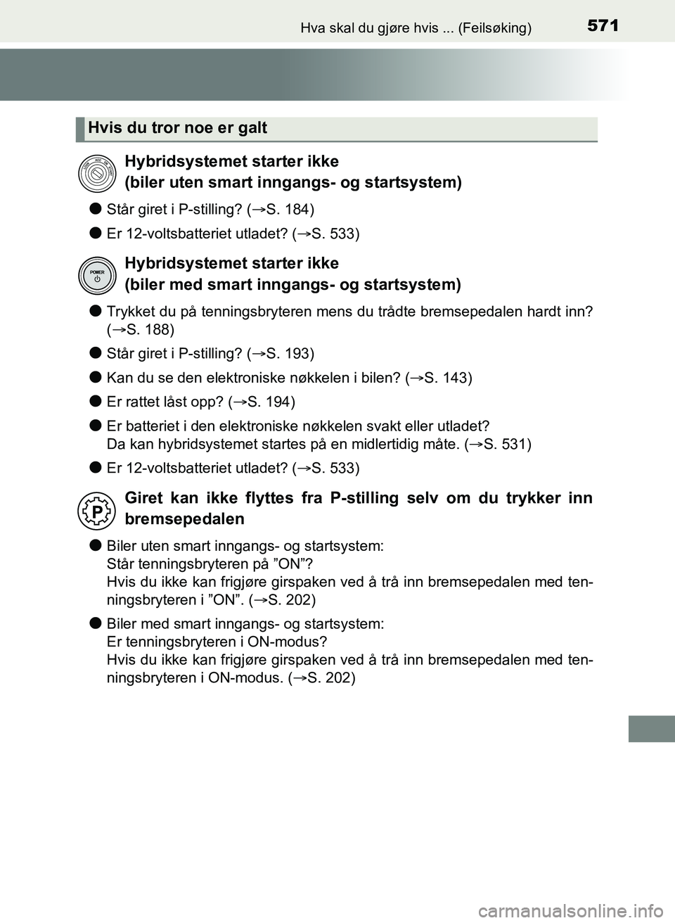 TOYOTA YARIS 2018 Instruksjoner for bruk (in Norwegian) 571Hva skal du gjøre hvis ... (Feilsøking)
YARIS_HV_OM_Europe_OM52J66NO
lStår giret i P-stilling? (S. 184)
lEr 12-voltsbatteriet utladet? ( S. 533)
lTrykket du på tenningsbryteren mens du tr TOYOTA YARIS 2018 Instruksjoner for bruk (in Norwegian) 571Hva skal du gjøre hvis ... (Feilsøking)
YARIS_HV_OM_Europe_OM52J66NO
lStår giret i P-stilling? (S. 184)
lEr 12-voltsbatteriet utladet? ( S. 533)
lTrykket du på tenningsbryteren mens du tr