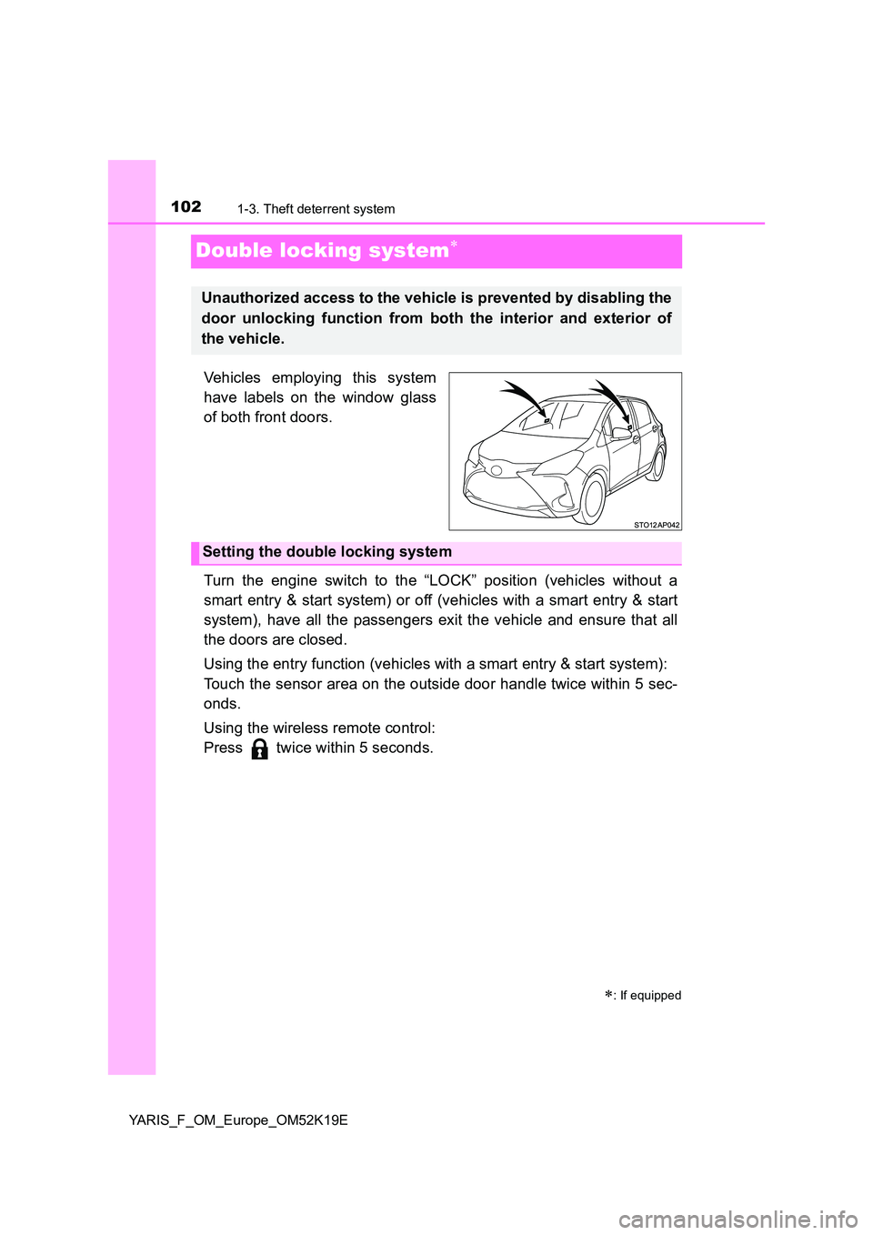 TOYOTA YARIS 2019  Owners Manual 1021-3. Theft deterrent system
YARIS_F_OM_Europe_OM52K19E
Double locking system
Vehicles employing this system 
have labels on the window glass 
of both front doors. 
Turn the engine switch to the 