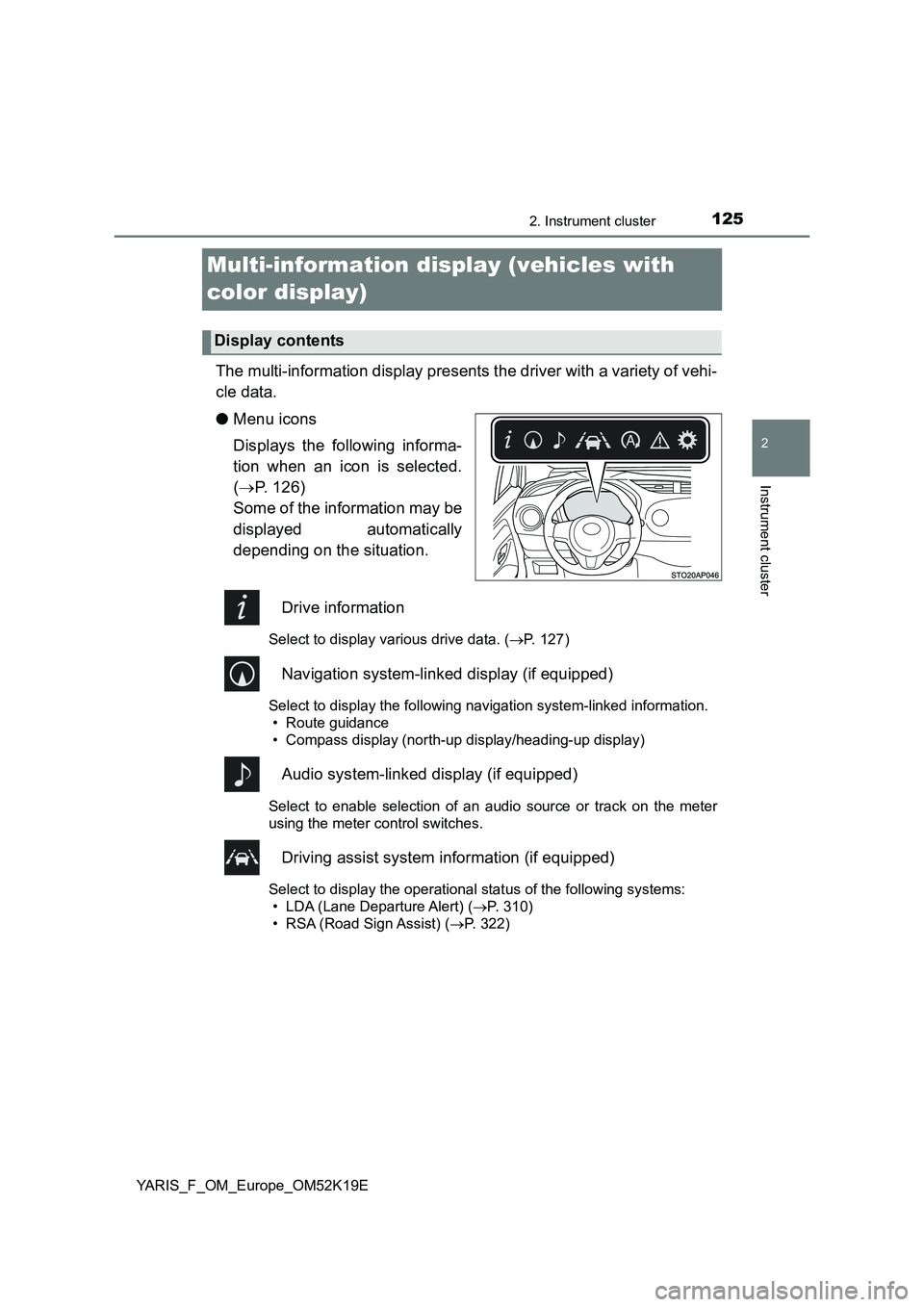 TOYOTA YARIS 2019  Owners Manual 125
2
2. Instrument cluster
Instrument cluster
YARIS_F_OM_Europe_OM52K19E
Multi-information display (vehicles with  
color display)
The multi-information display presents the driver with a variety of 