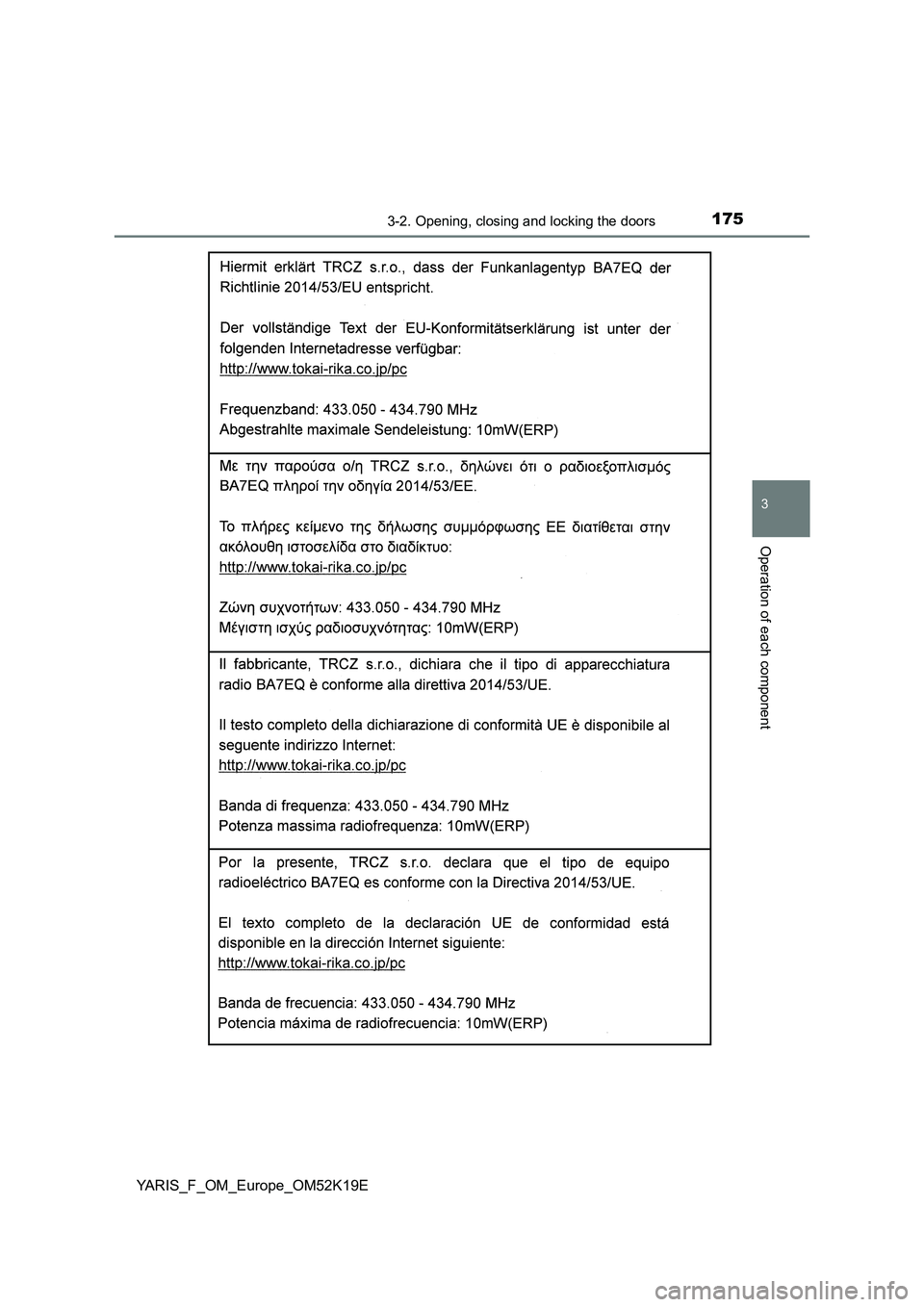 TOYOTA YARIS 2019  Owners Manual 1753-2. Opening, closing and locking the doors
3
Operation of each component
YARIS_F_OM_Europe_OM52K19E 