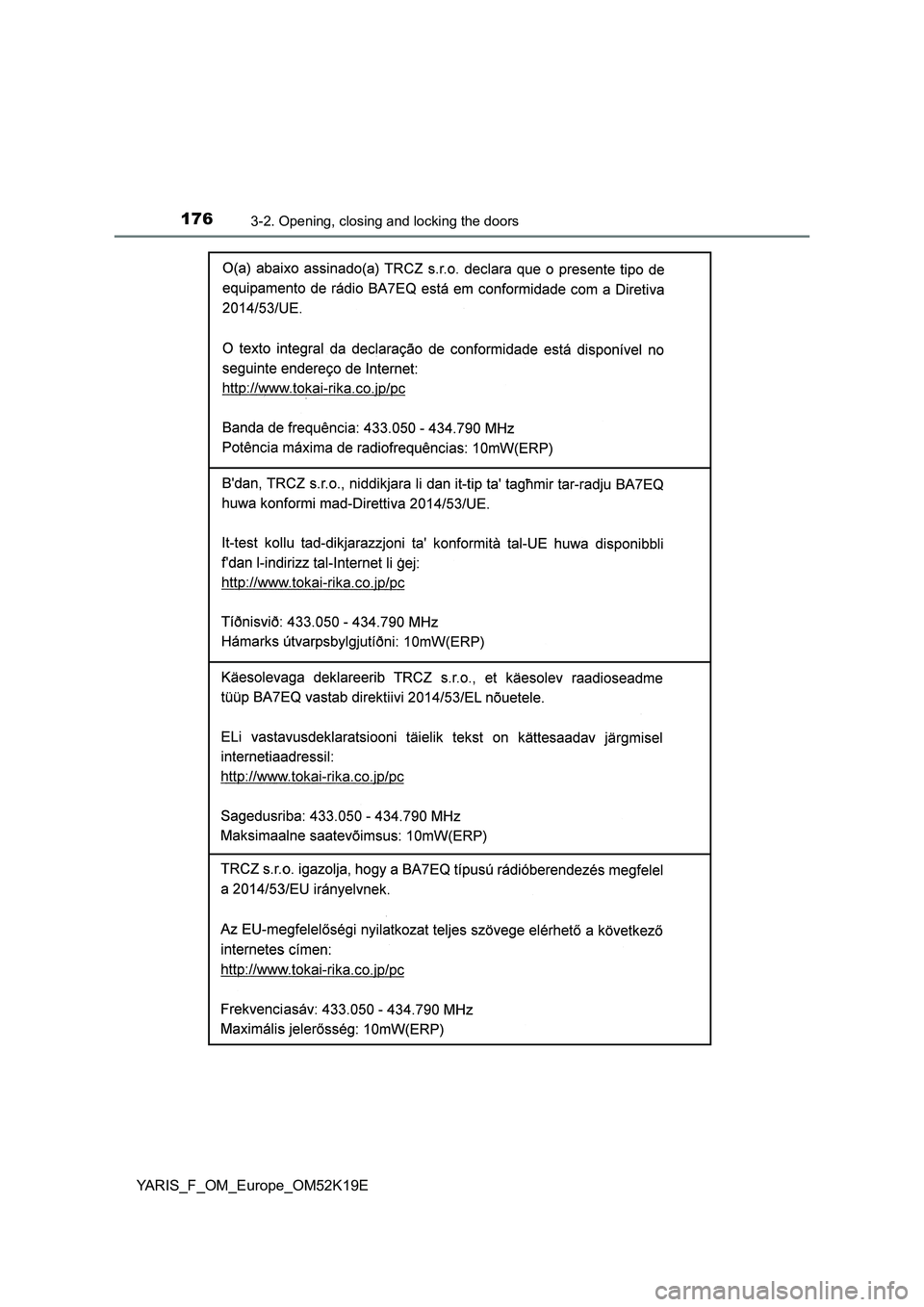 TOYOTA YARIS 2019  Owners Manual 1763-2. Opening, closing and locking the doors
YARIS_F_OM_Europe_OM52K19E 