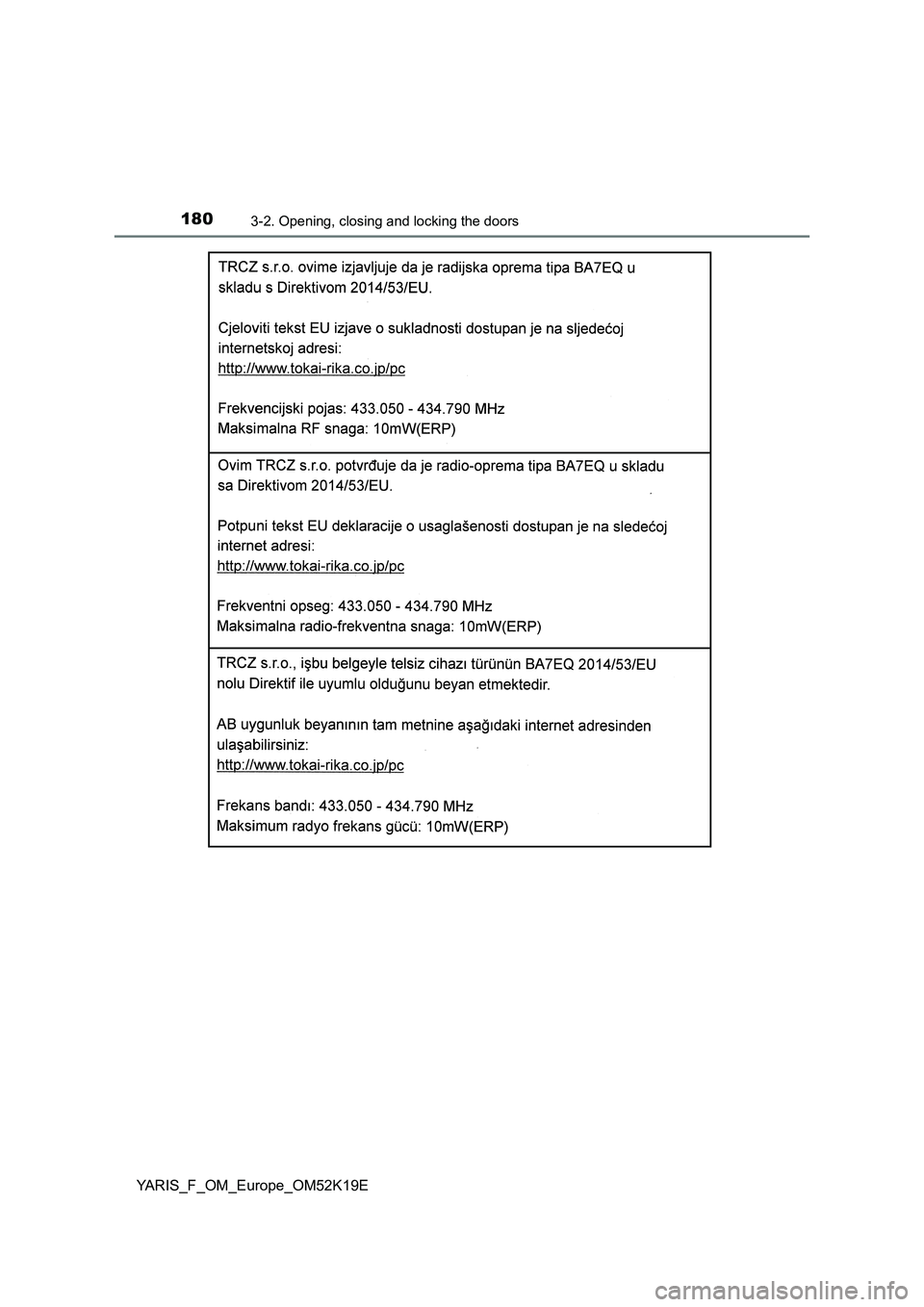 TOYOTA YARIS 2019  Owners Manual 1803-2. Opening, closing and locking the doors
YARIS_F_OM_Europe_OM52K19E 