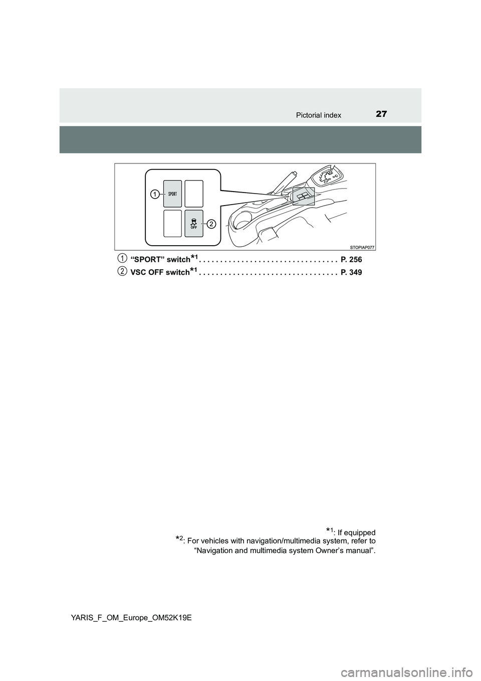 TOYOTA YARIS 2019  Owners Manual 27Pictorial index
YARIS_F_OM_Europe_OM52K19E 
“SPORT” switch*1. . . . . . . . . . . . . . . . . . . . . . . . . . . . . . . . .  P. 256 
VSC OFF switch*1. . . . . . . . . . . . . . . . . . . . . .
