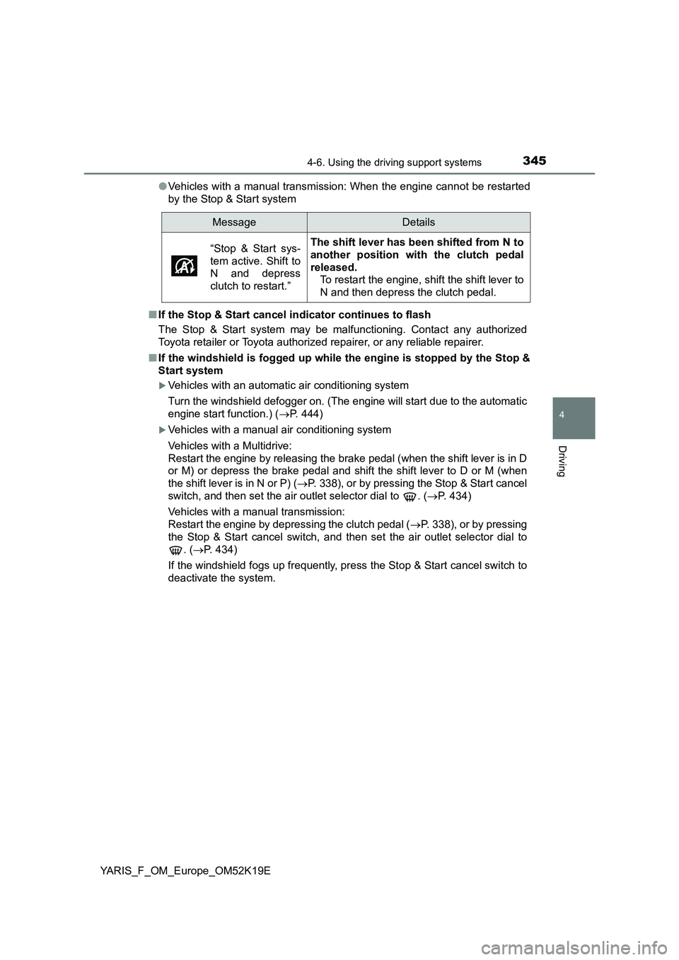 TOYOTA YARIS 2019  Owners Manual 3454-6. Using the driving support systems
4
Driving
YARIS_F_OM_Europe_OM52K19E 
● Vehicles with a manual transmission: When the engine cannot be restarted 
by the Stop & Start system 
■ If the Sto