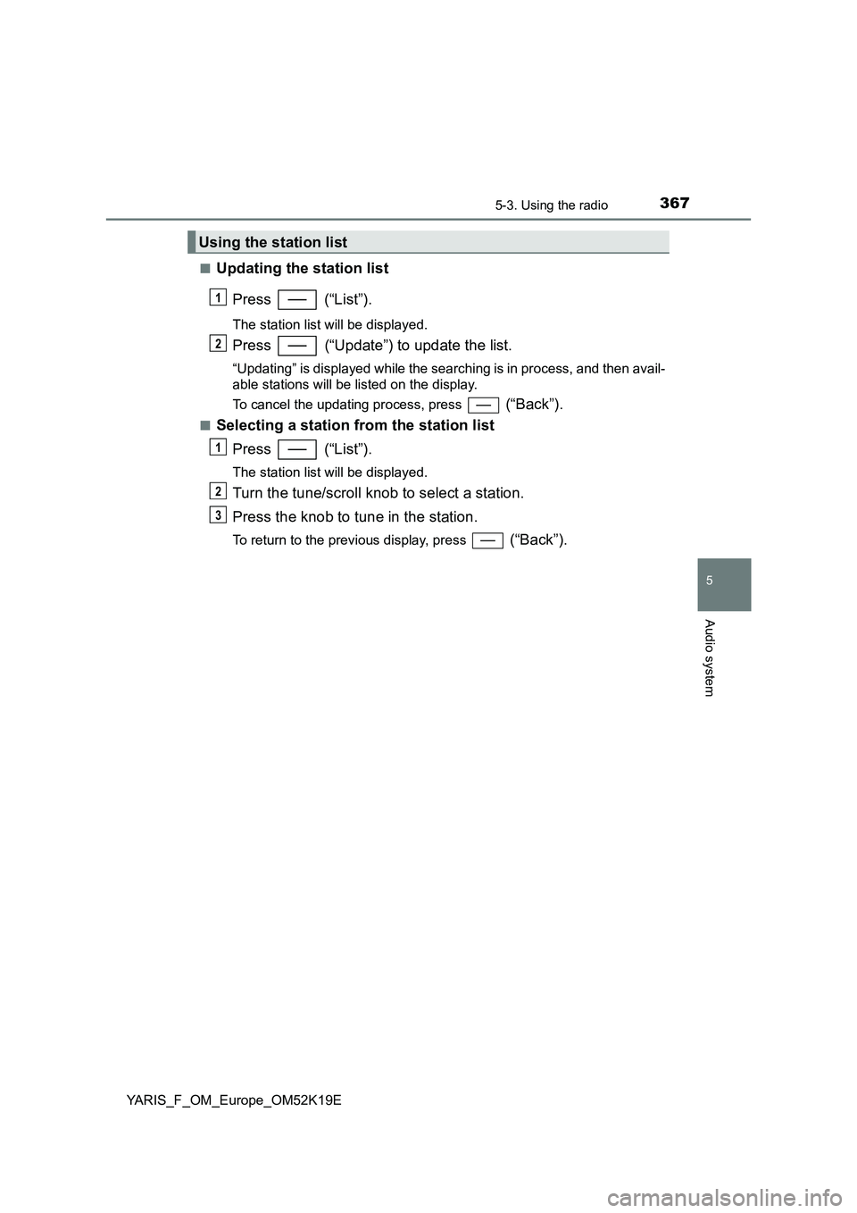 TOYOTA YARIS 2019  Owners Manual 3675-3. Using the radio
5
Audio system
YARIS_F_OM_Europe_OM52K19E 
■Updating the station list 
Press  (“List”).
The station list will be displayed.
Press   (“Update”) to update the list.
“