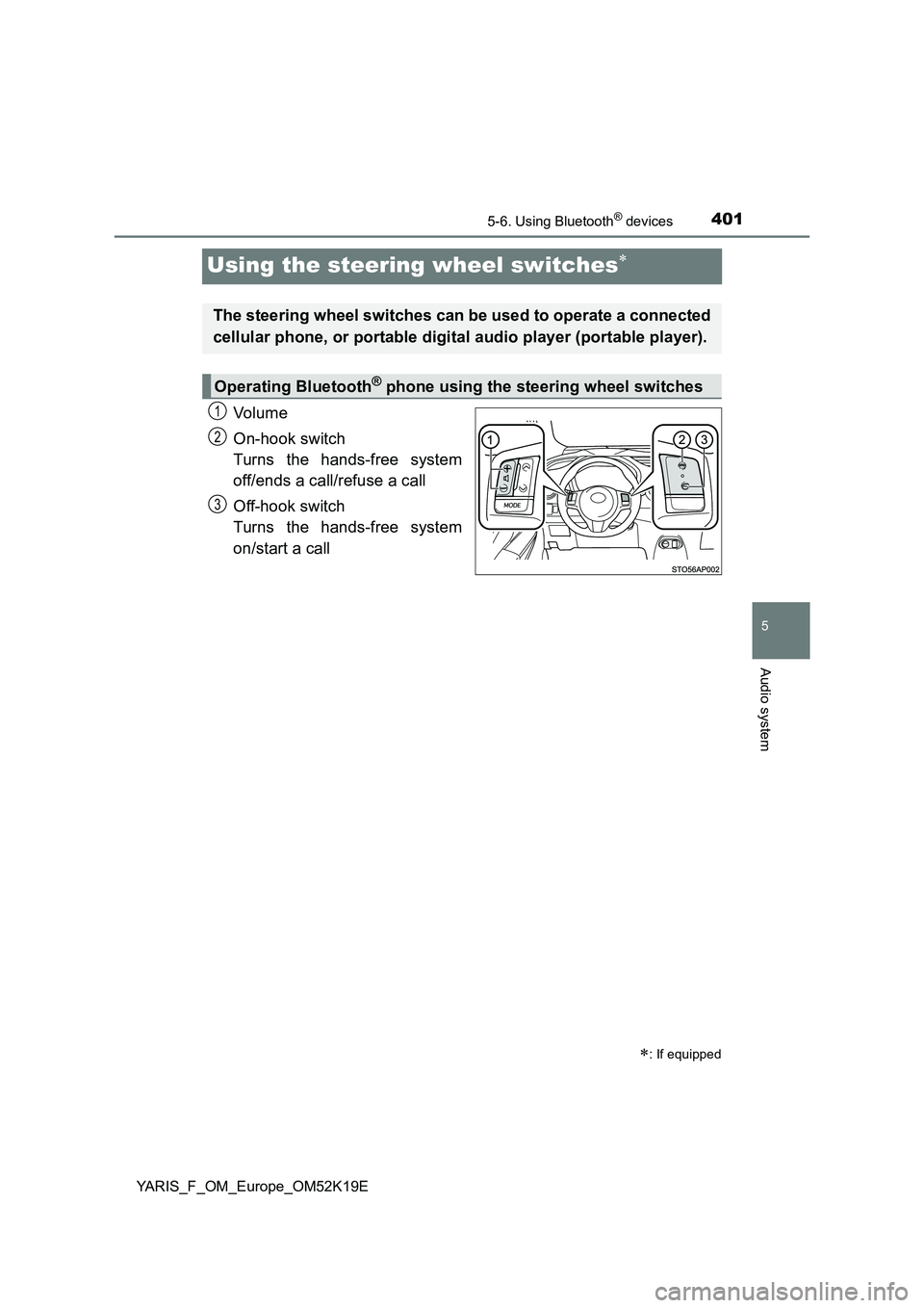 TOYOTA YARIS 2019  Owners Manual 4015-6. Using Bluetooth® devices
5
Audio system
YARIS_F_OM_Europe_OM52K19E
Using the steering wheel switches
Vo lu m e 
On-hook switch 
Turns the hands-free system 
off/ends a call/refuse a call 
