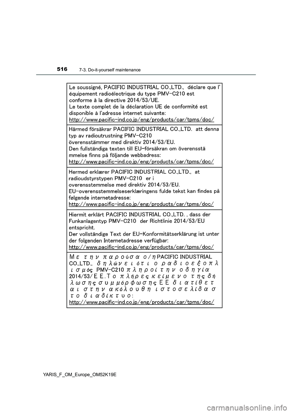 TOYOTA YARIS 2019  Owners Manual 5167-3. Do-it-yourself maintenance
YARIS_F_OM_Europe_OM52K19E 
