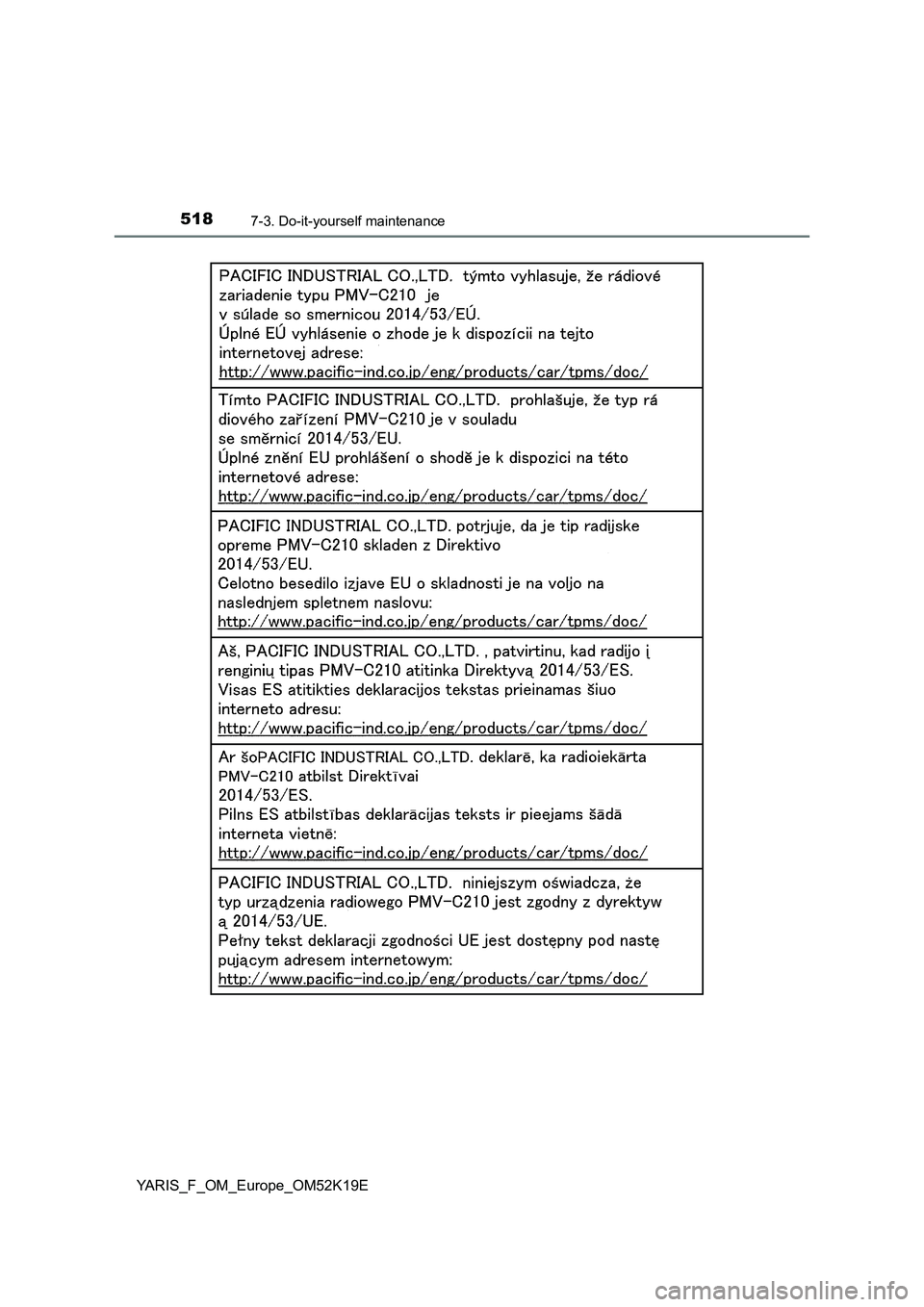 TOYOTA YARIS 2019  Owners Manual 5187-3. Do-it-yourself maintenance
YARIS_F_OM_Europe_OM52K19E 