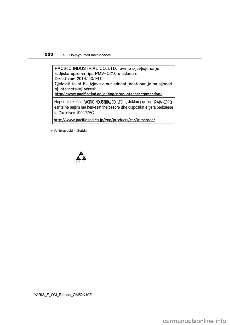 TOYOTA YARIS 2019  Owners Manual 5207-3. Do-it-yourself maintenance
YARIS_F_OM_Europe_OM52K19E
Vehicles sold in Serbia 
