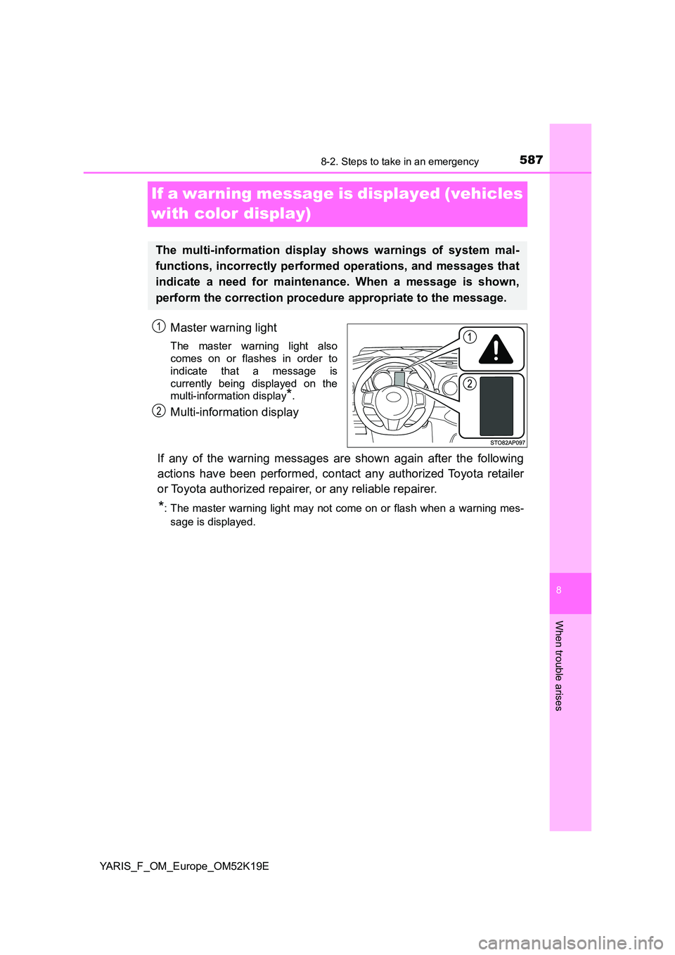 TOYOTA YARIS 2019  Owners Manual 5878-2. Steps to take in an emergency
8
When trouble arises
YARIS_F_OM_Europe_OM52K19E
If a warning message is displayed (vehicles  
with color display)
Master warning light
The master warning light a