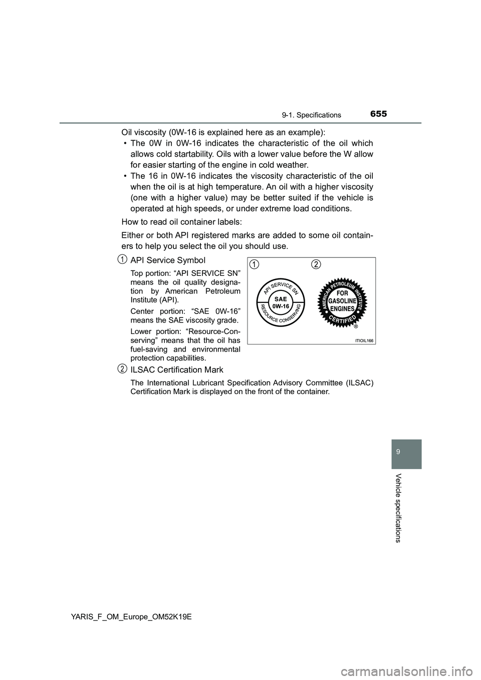 TOYOTA YARIS 2019 Owners Manual 6559-1. Specifications
9
Vehicle specifications
YARIS_F_OM_Europe_OM52K19E
Oil viscosity (0W-16 is explained here as an example):
• The 0W in 0W-16 indicates the characteristic of the oil which
al TOYOTA YARIS 2019 Owners Manual 6559-1. Specifications
9
Vehicle specifications
YARIS_F_OM_Europe_OM52K19E
Oil viscosity (0W-16 is explained here as an example):
• The 0W in 0W-16 indicates the characteristic of the oil which
al