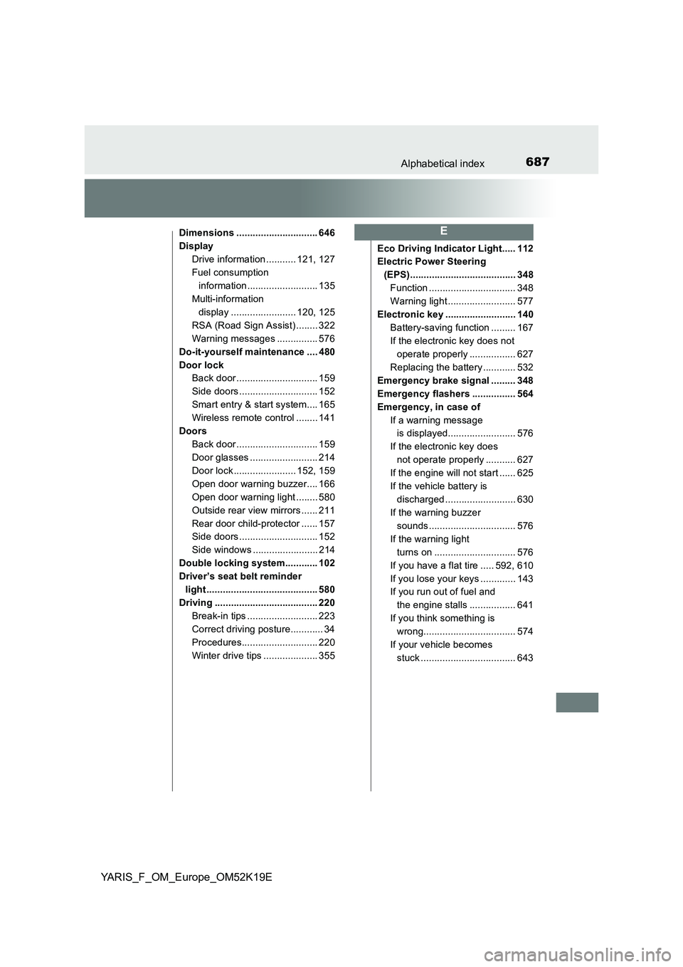 TOYOTA YARIS 2019 Owners Manual 687Alphabetical index
YARIS_F_OM_Europe_OM52K19E
Dimensions .............................. 646
Display
Drive information ........... 121, 127
Fuel consumption
information .......................... TOYOTA YARIS 2019 Owners Manual 687Alphabetical index
YARIS_F_OM_Europe_OM52K19E
Dimensions .............................. 646
Display
Drive information ........... 121, 127
Fuel consumption
information ..........................