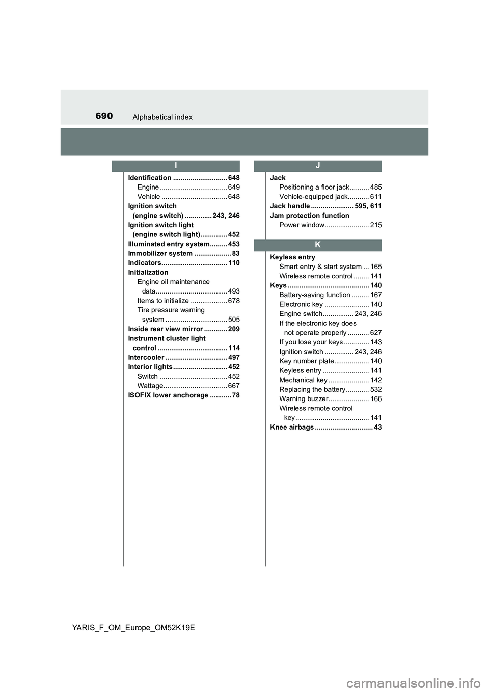 TOYOTA YARIS 2019 Owners Manual 690Alphabetical index
YARIS_F_OM_Europe_OM52K19E
Identification ............................ 648
Engine ................................... 649
Vehicle .................................. 648
Ignitio TOYOTA YARIS 2019 Owners Manual 690Alphabetical index
YARIS_F_OM_Europe_OM52K19E
Identification ............................ 648
Engine ................................... 649
Vehicle .................................. 648
Ignitio