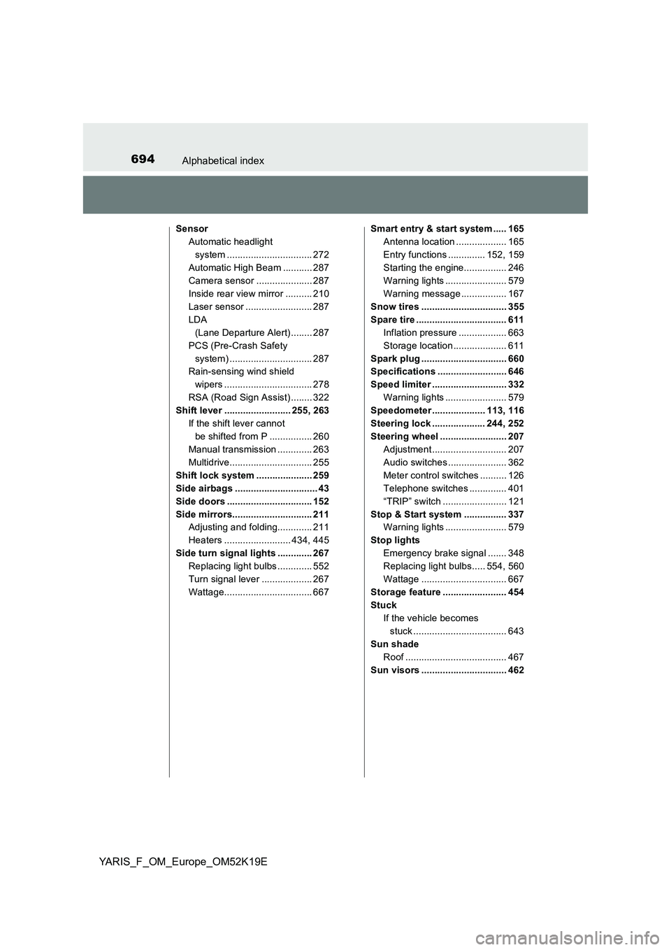 TOYOTA YARIS 2019 Owners Manual 694Alphabetical index
YARIS_F_OM_Europe_OM52K19E
Sensor
Automatic headlight
system ................................ 272
Automatic High Beam ........... 287
Camera sensor ..................... 287
TOYOTA YARIS 2019 Owners Manual 694Alphabetical index
YARIS_F_OM_Europe_OM52K19E
Sensor
Automatic headlight
system ................................ 272
Automatic High Beam ........... 287
Camera sensor ..................... 287