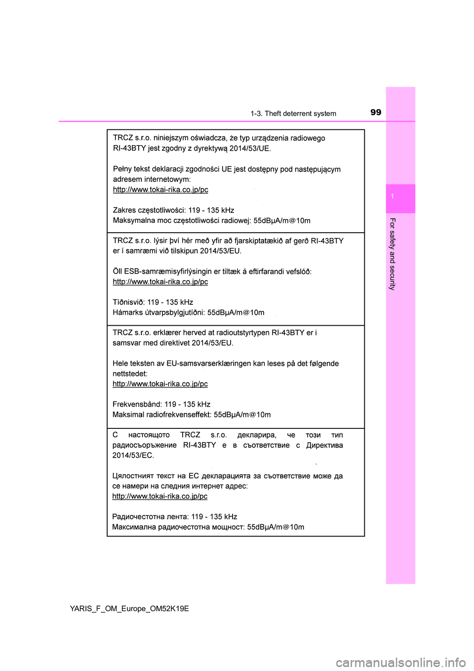 TOYOTA YARIS 2019  Owners Manual 991-3. Theft deterrent system
1
For safety and security
YARIS_F_OM_Europe_OM52K19E 