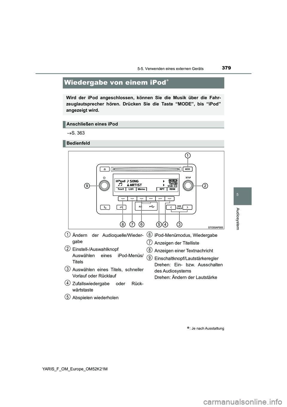 TOYOTA YARIS 2019  Betriebsanleitungen (in German) 379
5
5-5. Verwenden eines externen Geräts
Audiosystem
YARIS_F_OM_Europe_OM52K21M
Wiedergabe von einem iPod
S. 363
: Je nach Ausstattung
Wird der iPod angeschlossen, können Sie die Musik ü