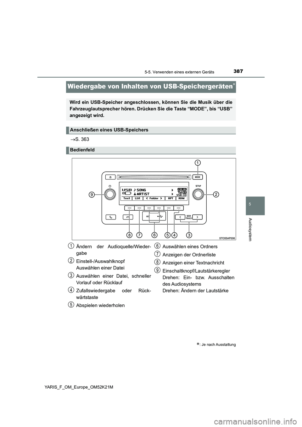 TOYOTA YARIS 2019  Betriebsanleitungen (in German) 387
5
5-5. Verwenden eines externen Geräts
Audiosystem
YARIS_F_OM_Europe_OM52K21M
Wiedergabe von Inhalten von USB-Speichergeräten
S. 363
: Je nach Ausstattung
Wird ein USB-Speicher angeschl