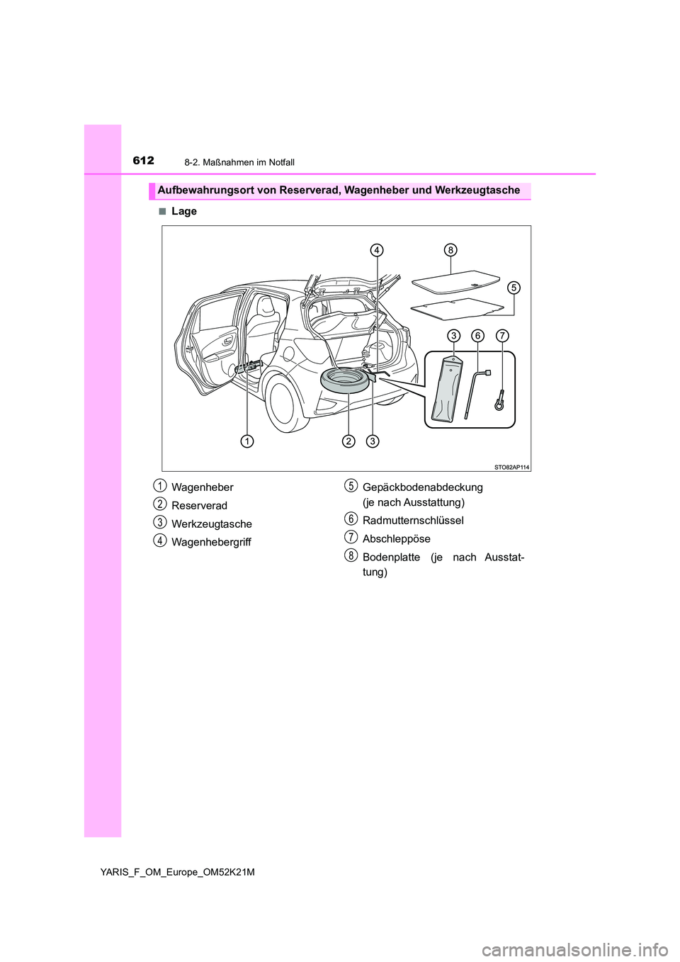 TOYOTA YARIS 2019  Betriebsanleitungen (in German) 6128-2. Maßnahmen im Notfall
YARIS_F_OM_Europe_OM52K21M 
■Lage
Aufbewahrungsort von Reserverad, Wagenheber und Werkzeugtasche
Wagenheber 
Reserverad 
Werkzeugtasche
Wagenhebergriff 
Gepäckbodenabd