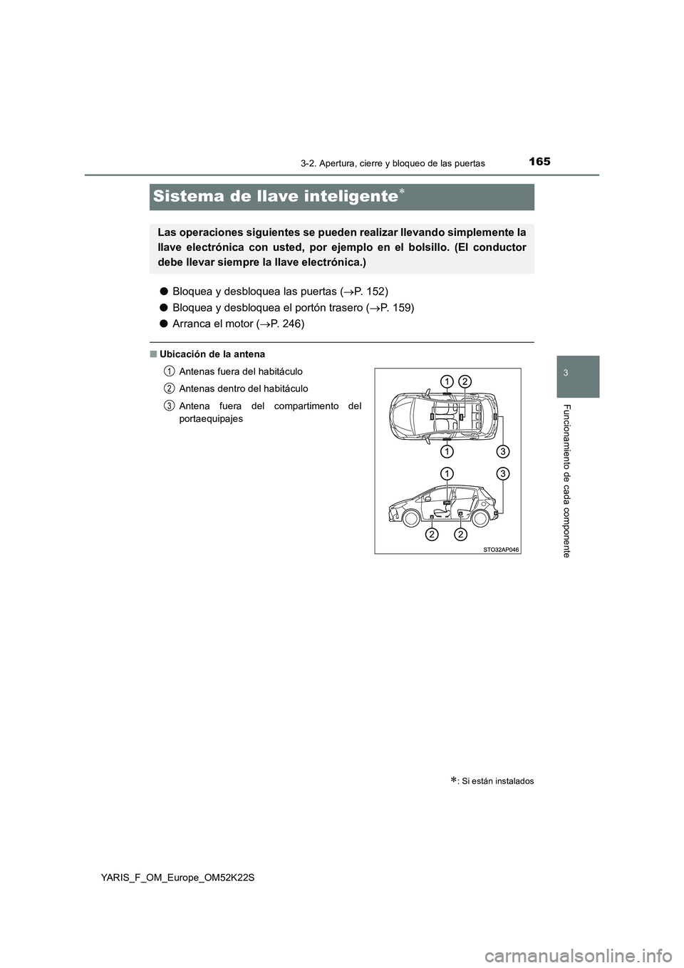 TOYOTA YARIS 2019  Manuale de Empleo (in Spanish) 165
3
3-2. Apertura, cierre y bloqueo de las puertas
Funcionamiento de cada componente
YARIS_F_OM_Europe_OM52K22S
Sistema de llave inteligente
●Bloquea y desbloquea las puertas (P. 152) 
● B