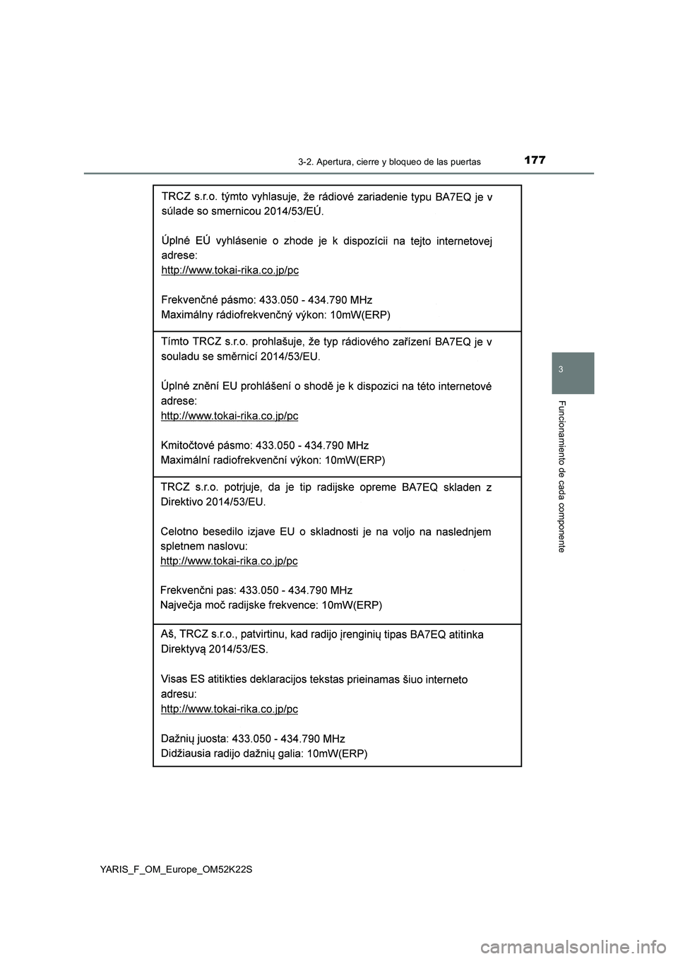 TOYOTA YARIS 2019  Manuale de Empleo (in Spanish) 1773-2. Apertura, cierre y bloqueo de las puertas
3
Funcionamiento de cada componente
YARIS_F_OM_Europe_OM52K22S 