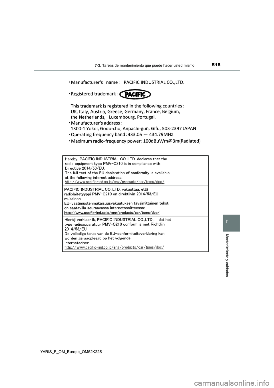 TOYOTA YARIS 2019  Manuale de Empleo (in Spanish) 5157-3. Tareas de mantenimiento que puede hacer usted mismo
7
Mantenimiento y cuidados
YARIS_F_OM_Europe_OM52K22S 