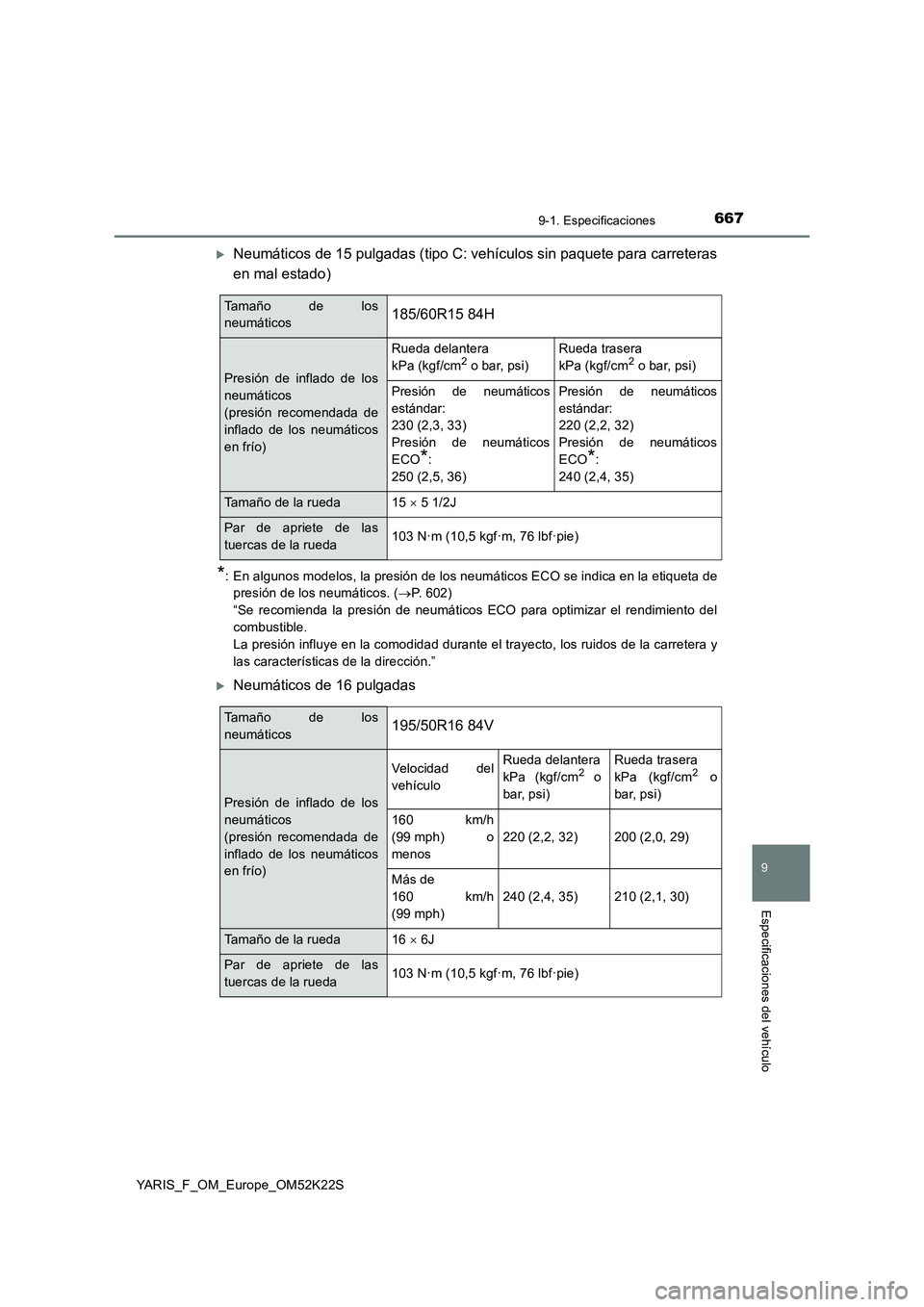 TOYOTA YARIS 2019 Manuale de Empleo (in Spanish) 6679-1. Especificaciones
9
Especificaciones del vehículo
YARIS_F_OM_Europe_OM52K22S
Neumáticos de 15 pulgadas (tipo C: vehículos sin paquete para carreteras
en mal estado)
*: En algunos modelos, TOYOTA YARIS 2019 Manuale de Empleo (in Spanish) 6679-1. Especificaciones
9
Especificaciones del vehículo
YARIS_F_OM_Europe_OM52K22S
Neumáticos de 15 pulgadas (tipo C: vehículos sin paquete para carreteras
en mal estado)
*: En algunos modelos,