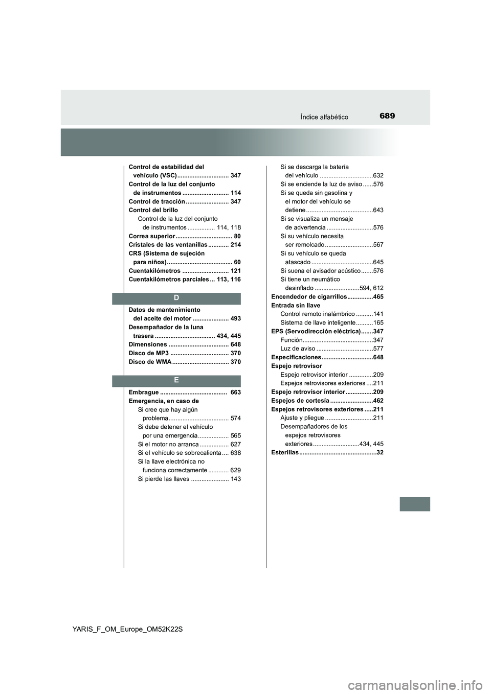 TOYOTA YARIS 2019 Manuale de Empleo (in Spanish) 689Índice alfabético
YARIS_F_OM_Europe_OM52K22S
Control de estabilidad del
vehículo (VSC) .............................. 347
Control de la luz del conjunto
de instrumentos ....................... TOYOTA YARIS 2019 Manuale de Empleo (in Spanish) 689Índice alfabético
YARIS_F_OM_Europe_OM52K22S
Control de estabilidad del
vehículo (VSC) .............................. 347
Control de la luz del conjunto
de instrumentos .......................