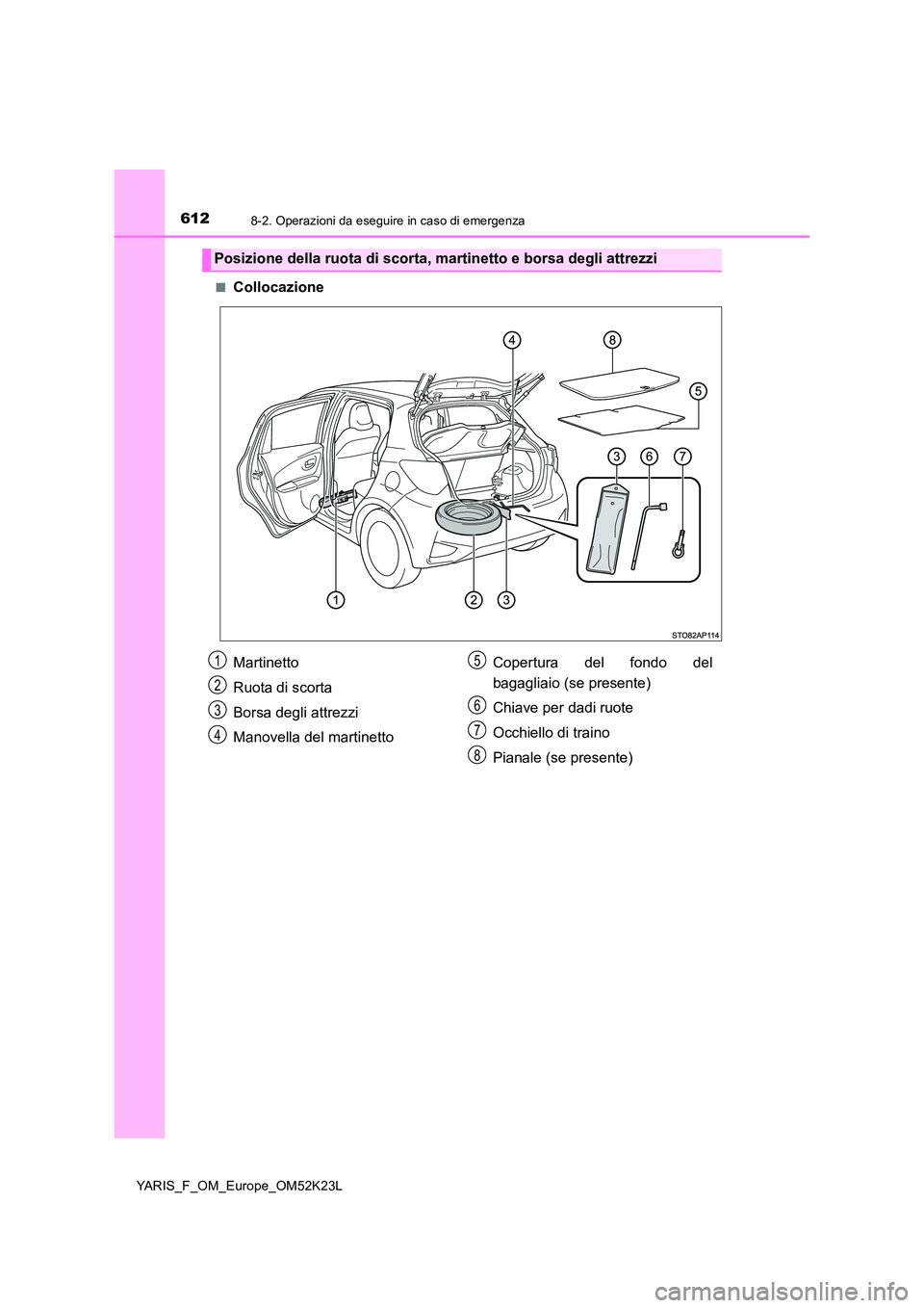 TOYOTA YARIS 2019  Manuale duso (in Italian) 6128-2. Operazioni da eseguire in caso di emergenza
YARIS_F_OM_Europe_OM52K23L 
■Collocazione
Posizione della ruota di scorta, martinetto e borsa degli attrezzi
Martinetto 
Ruota di scorta 
Borsa de