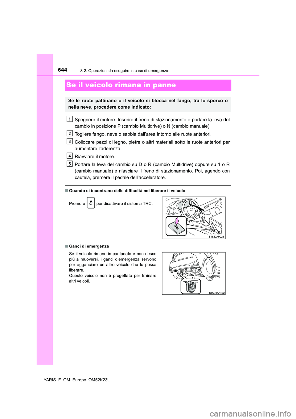 TOYOTA YARIS 2019 Manuale duso (in Italian) 6448-2. Operazioni da eseguire in caso di emergenza
YARIS_F_OM_Europe_OM52K23L
Se il veicolo rimane in panne
Spegnere il motore. Inserire il freno di stazionamento e portare la leva del
cambio in pos TOYOTA YARIS 2019 Manuale duso (in Italian) 6448-2. Operazioni da eseguire in caso di emergenza
YARIS_F_OM_Europe_OM52K23L
Se il veicolo rimane in panne
Spegnere il motore. Inserire il freno di stazionamento e portare la leva del
cambio in pos