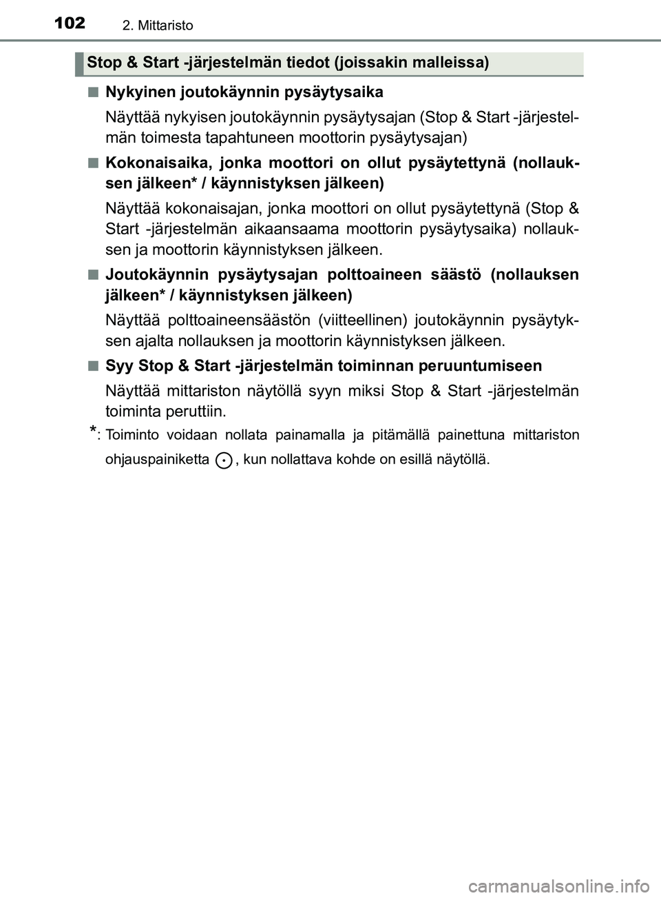 TOYOTA YARIS 2019 Omistajan Käsikirja (in Finnish) 1022. Mittaristo
YARIS_F_OM_Europe_OM52K19FIn
Nykyinen joutokäynnin pysäytysaika
Näyttää nykyisen joutokäynnin pysäytysajan (Stop & Start -järjestel-
män toimesta tapahtuneen moottorin pysäy TOYOTA YARIS 2019 Omistajan Käsikirja (in Finnish) 1022. Mittaristo
YARIS_F_OM_Europe_OM52K19FIn
Nykyinen joutokäynnin pysäytysaika
Näyttää nykyisen joutokäynnin pysäytysajan (Stop & Start -järjestel-
män toimesta tapahtuneen moottorin pysäy