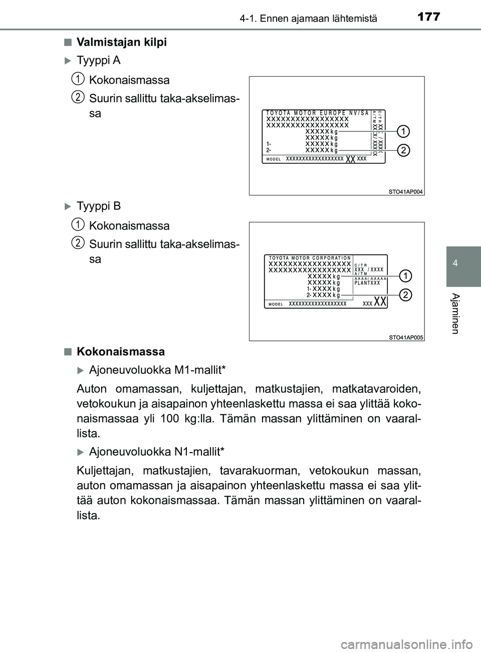 TOYOTA YARIS 2019  Omistajan Käsikirja (in Finnish) 1774-1. Ennen ajamaan lähtemistä
4
Ajaminen
YARIS_F_OM_Europe_OM52K19FIn
Valmistajan kilpi
Ty y p p i  A
Kokonaismassa
Suurin sallittu  taka-akselimas-
sa
Ty y p p i  B
Kokonaismassa
Suurin sa