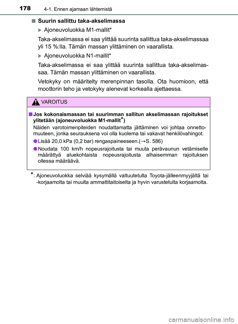 TOYOTA YARIS 2019 Omistajan Käsikirja (in Finnish) 1784-1. Ennen ajamaan lähtemistä
YARIS_F_OM_Europe_OM52K19FIn
Suurin sallittu taka-akselimassa
Ajoneuvoluokka M1-mallit*
Taka-akselimassa ei saa ylittää suurinta sallittua taka-akselimassaa
yli TOYOTA YARIS 2019 Omistajan Käsikirja (in Finnish) 1784-1. Ennen ajamaan lähtemistä
YARIS_F_OM_Europe_OM52K19FIn
Suurin sallittu taka-akselimassa
Ajoneuvoluokka M1-mallit*
Taka-akselimassa ei saa ylittää suurinta sallittua taka-akselimassaa
yli