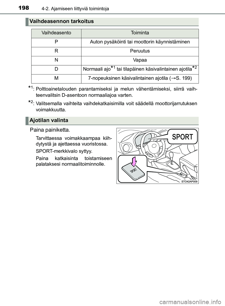 TOYOTA YARIS 2019  Omistajan Käsikirja (in Finnish) 1984-2. Ajamiseen liittyviä toimintoja
YARIS_F_OM_Europe_OM52K19FI
*1: Polttoainetalouden parantamiseksi ja melun vähentämiseksi, siirrä vaih-teenvalitsin D-asentoon normaaliajoa varten.
*2: Valit