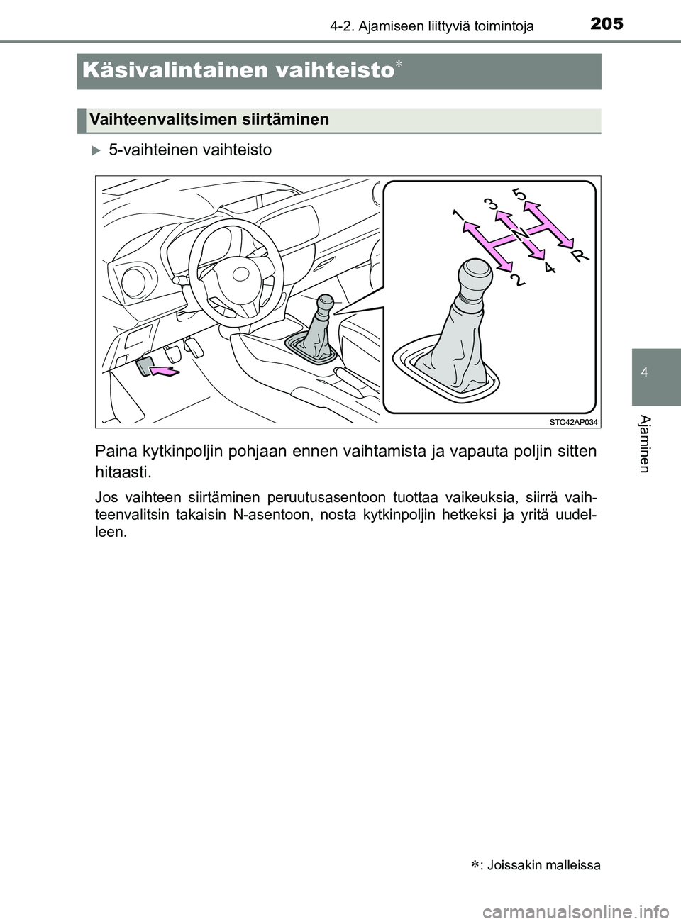 TOYOTA YARIS 2019  Omistajan Käsikirja (in Finnish) 205
4
4-2. Ajamiseen liittyviä toimintoja
Ajaminen
YARIS_F_OM_Europe_OM52K19FI
Käsivalintainen vaihteisto
5-vaihteinen vaihteisto
Paina kytkinpoljin pohjaan ennen vaihtamista ja  vapauta polji