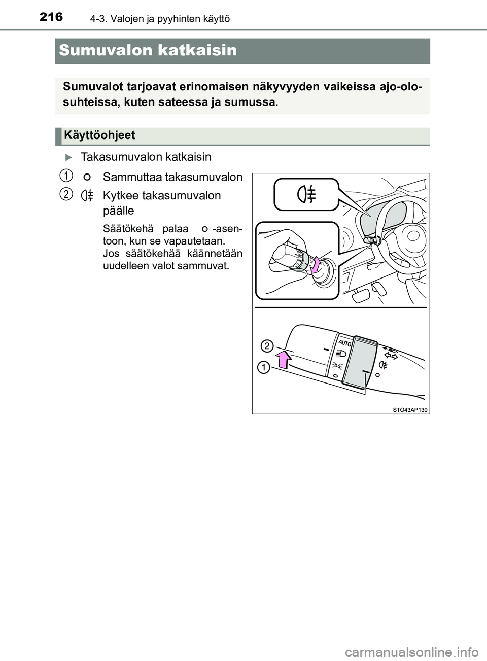 TOYOTA YARIS 2019  Omistajan Käsikirja (in Finnish) 2164-3. Valojen ja pyyhinten käyttö
YARIS_F_OM_Europe_OM52K19FI
Sumuvalon katkaisin
 Takasumuvalon katkaisinSammuttaa takasumuvalon
Kytkee takasumuvalon 
päälle
Säätökehä palaa  -asen-
toon