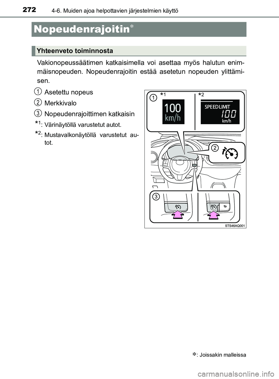 TOYOTA YARIS 2019  Omistajan Käsikirja (in Finnish) 2724-6. Muiden ajoa helpottavien järjestelmien käyttö
YARIS_F_OM_Europe_OM52K19FI
Nopeudenrajoitin
Vakionopeussäätimen katkaisimella voi asettaa myös halutun enim-
mäisnopeuden. Nopeudenrajo