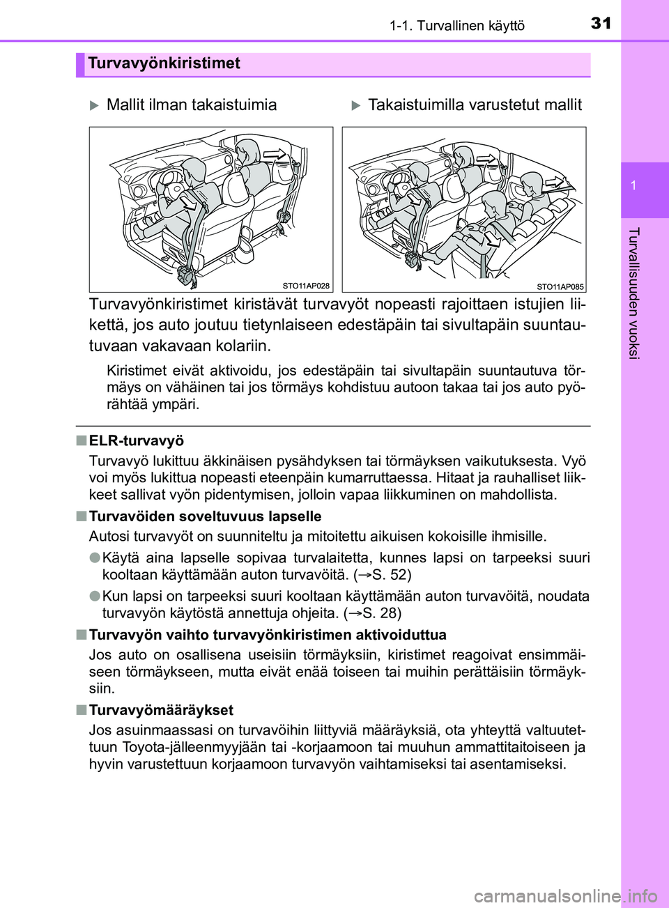 TOYOTA YARIS 2019 Omistajan Käsikirja (in Finnish) 311-1. Turvallinen käyttö
1
Turvallisuuden vuoksi
YARIS_F_OM_Europe_OM52K19FI
Turvavyönkiristimet kiristävät turvavyöt nopeasti rajoittaen istujien lii-
kettä, jos auto joutuu tietynlaiseen ede TOYOTA YARIS 2019 Omistajan Käsikirja (in Finnish) 311-1. Turvallinen käyttö
1
Turvallisuuden vuoksi
YARIS_F_OM_Europe_OM52K19FI
Turvavyönkiristimet kiristävät turvavyöt nopeasti rajoittaen istujien lii-
kettä, jos auto joutuu tietynlaiseen ede