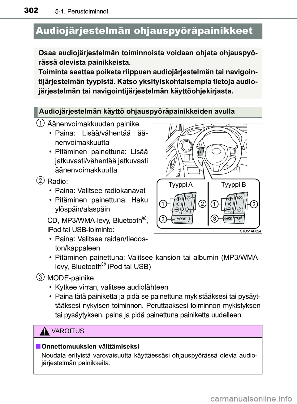 TOYOTA YARIS 2019 Omistajan Käsikirja (in Finnish) 3025-1. Perustoiminnot
YARIS_F_OM_Europe_OM52K19FI
Audiojärjestelmän ohjauspyöräpainikkeet
Äänenvoimakkuuden painike
• Paina: Lisää/vähentää ää- nenvoimakkuutta
• Pitäminen painettun TOYOTA YARIS 2019 Omistajan Käsikirja (in Finnish) 3025-1. Perustoiminnot
YARIS_F_OM_Europe_OM52K19FI
Audiojärjestelmän ohjauspyöräpainikkeet
Äänenvoimakkuuden painike
• Paina: Lisää/vähentää ää- nenvoimakkuutta
• Pitäminen painettun