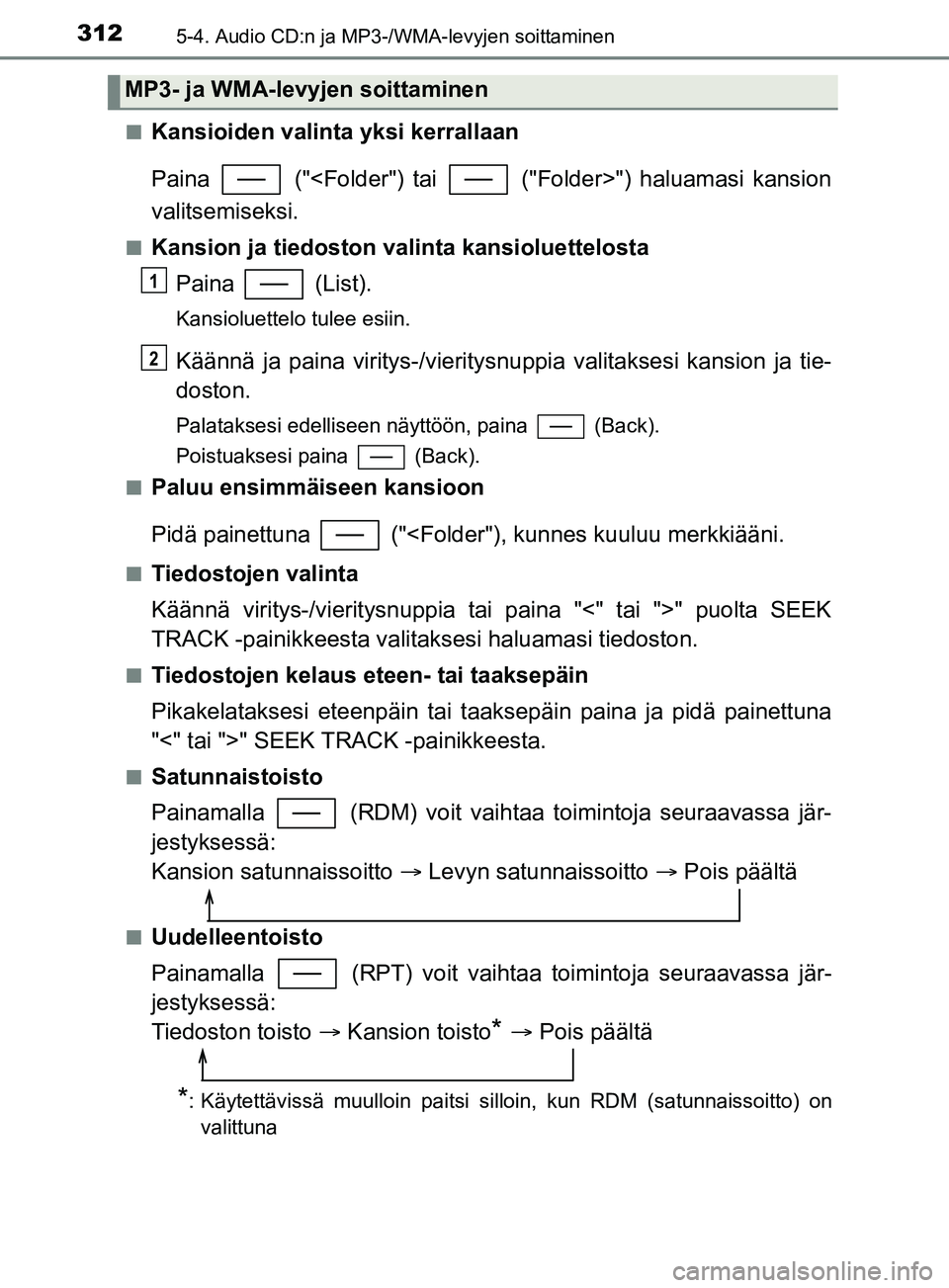 TOYOTA YARIS 2019 Omistajan Käsikirja (in Finnish) 3125-4. Audio CD:n ja MP3-/WMA-levyjen soittaminen
YARIS_F_OM_Europe_OM52K19FIn
Kansioiden valinta yksi kerrallaan
Paina ("<Folder") tai ("Folder>") haluamasi kansion
valitsemiseksi.
nKansion ja t TOYOTA YARIS 2019 Omistajan Käsikirja (in Finnish) 3125-4. Audio CD:n ja MP3-/WMA-levyjen soittaminen
YARIS_F_OM_Europe_OM52K19FIn
Kansioiden valinta yksi kerrallaan
Paina ("<Folder") tai ("Folder>") haluamasi kansion
valitsemiseksi.
nKansion ja t