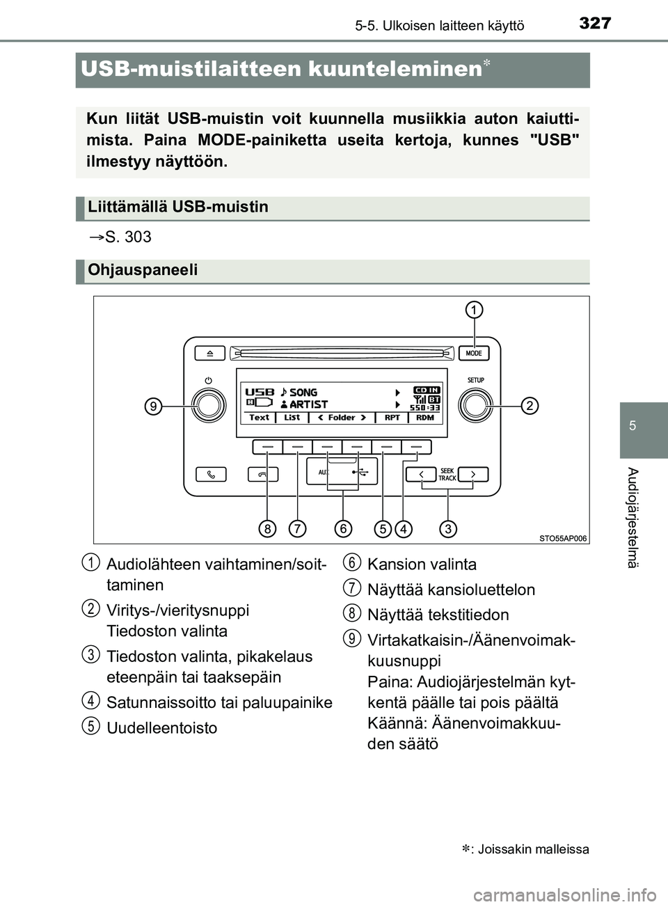 TOYOTA YARIS 2019  Omistajan Käsikirja (in Finnish) 327
5
5-5. Ulkoisen laitteen käyttö
Audiojärjestelmä
YARIS_F_OM_Europe_OM52K19FI
USB-muistilaitteen kuunteleminen
S. 303
: Joissakin malleissa
Kun liität USB-muistin voit kuunnella musii