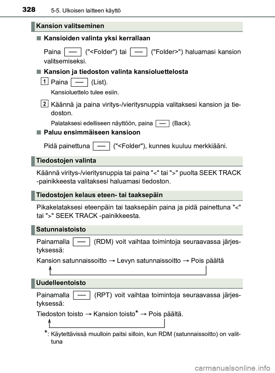 TOYOTA YARIS 2019 Omistajan Käsikirja (in Finnish) 3285-5. Ulkoisen laitteen käyttö
YARIS_F_OM_Europe_OM52K19FIn
Kansioiden valinta yksi kerrallaan
Paina ("<Folder") tai ("Folder>") haluamasi kansion
valitsemiseksi.
nKansion ja tiedoston valinta TOYOTA YARIS 2019 Omistajan Käsikirja (in Finnish) 3285-5. Ulkoisen laitteen käyttö
YARIS_F_OM_Europe_OM52K19FIn
Kansioiden valinta yksi kerrallaan
Paina ("<Folder") tai ("Folder>") haluamasi kansion
valitsemiseksi.
nKansion ja tiedoston valinta