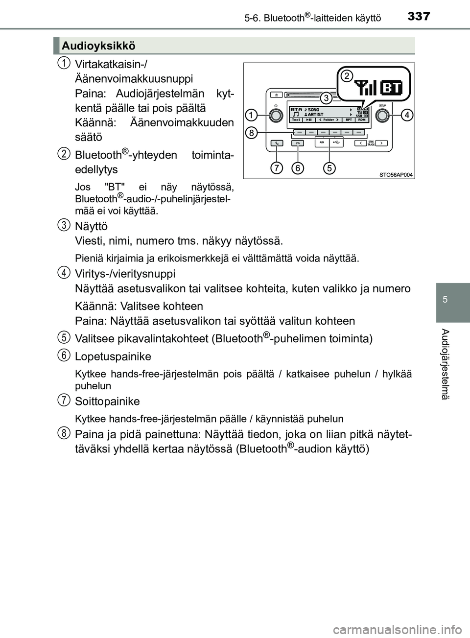 TOYOTA YARIS 2019 Omistajan Käsikirja (in Finnish) 3375-6. Bluetooth®-laitteiden käyttö
5
Audiojärjestelmä
YARIS_F_OM_Europe_OM52K19FI
Virtakatkaisin-/
Äänenvoimakkuusnuppi
Paina: Audiojärjestelmän kyt-
kentä päälle tai pois päältä
Kä TOYOTA YARIS 2019 Omistajan Käsikirja (in Finnish) 3375-6. Bluetooth®-laitteiden käyttö
5
Audiojärjestelmä
YARIS_F_OM_Europe_OM52K19FI
Virtakatkaisin-/
Äänenvoimakkuusnuppi
Paina: Audiojärjestelmän kyt-
kentä päälle tai pois päältä
Kä